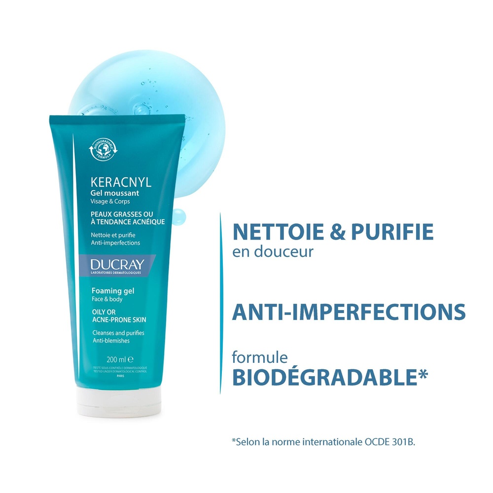 Ducray Keracnyl - Gel moussant nettoyant purifi ant visage peau grasse 200ml Nettoyant