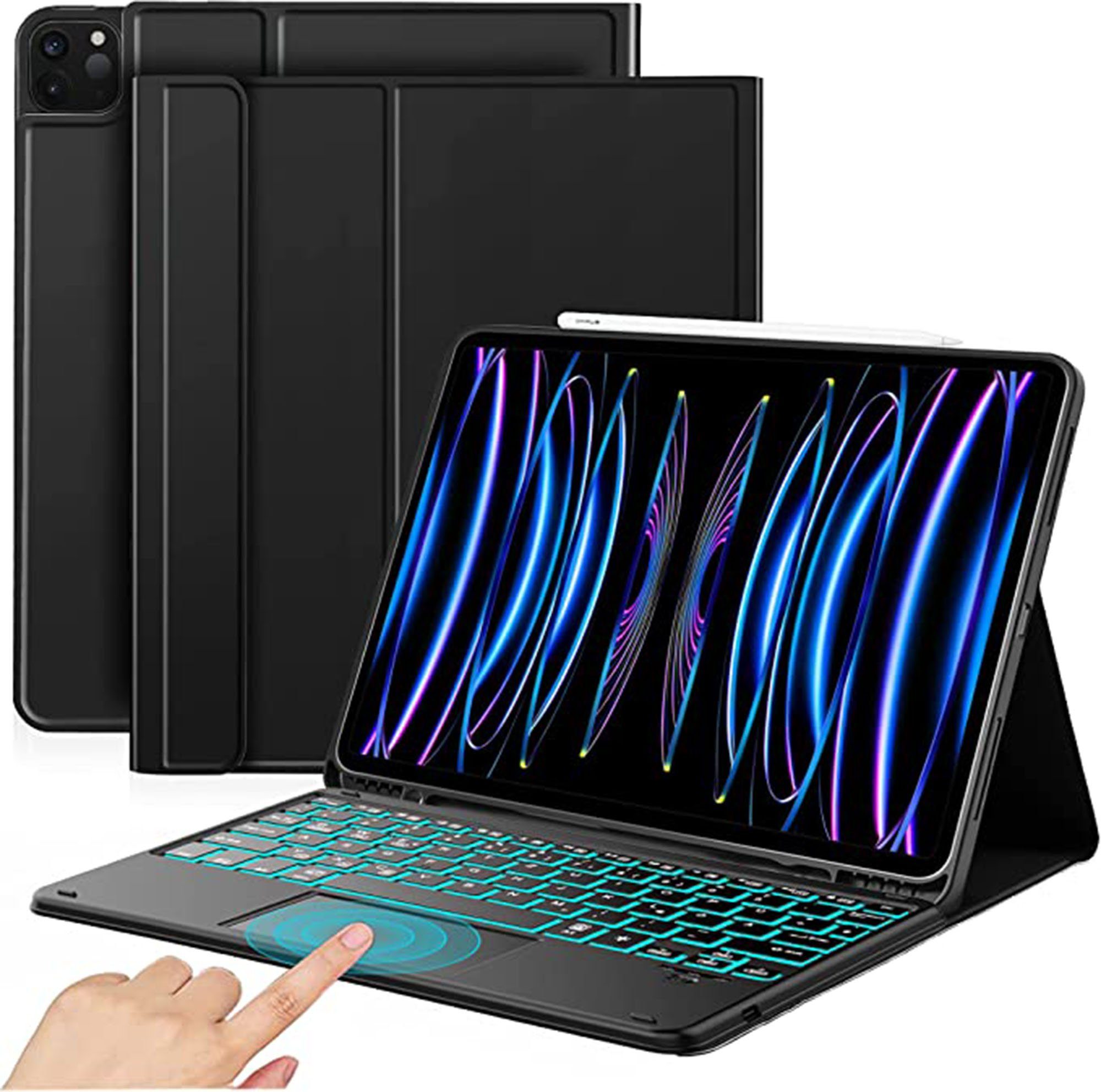 Tisoutec Tastatur Hülle für iPad Pro 12.9 mit Touchpad 2022/2021/2020/2018 Tablet-Tastatur (Kabellose Beleuchtete QWERTZ Tastatur für iPad 12.9(6/5/4/3.Generation)