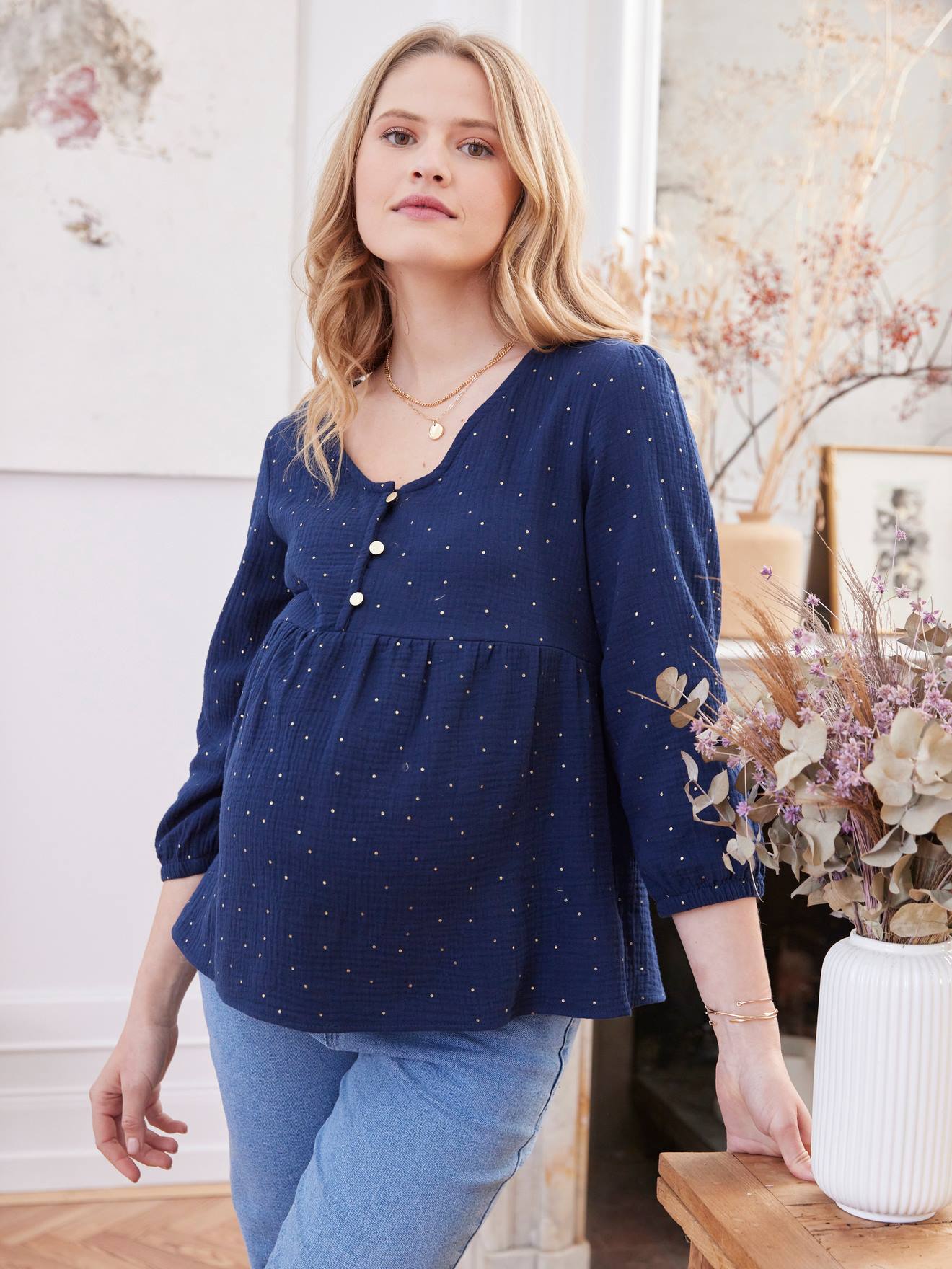 Vertbaudet Bluse mit 3/4-Ärmel für Schwangerschaft & Stillzeit - blau