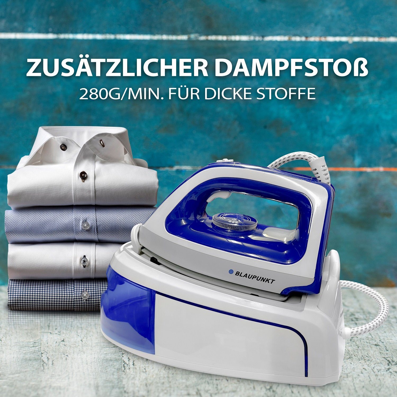 Blaupunkt Dampfbügelstation MEN803 Dampfbügelstation 2250W Bügelstation 5.2 Bar Dampfstoß 280g, 1,2 L Tank abnehmbar, Keramiksohle Bügeleisen Dampf, Dampfbügeleisen