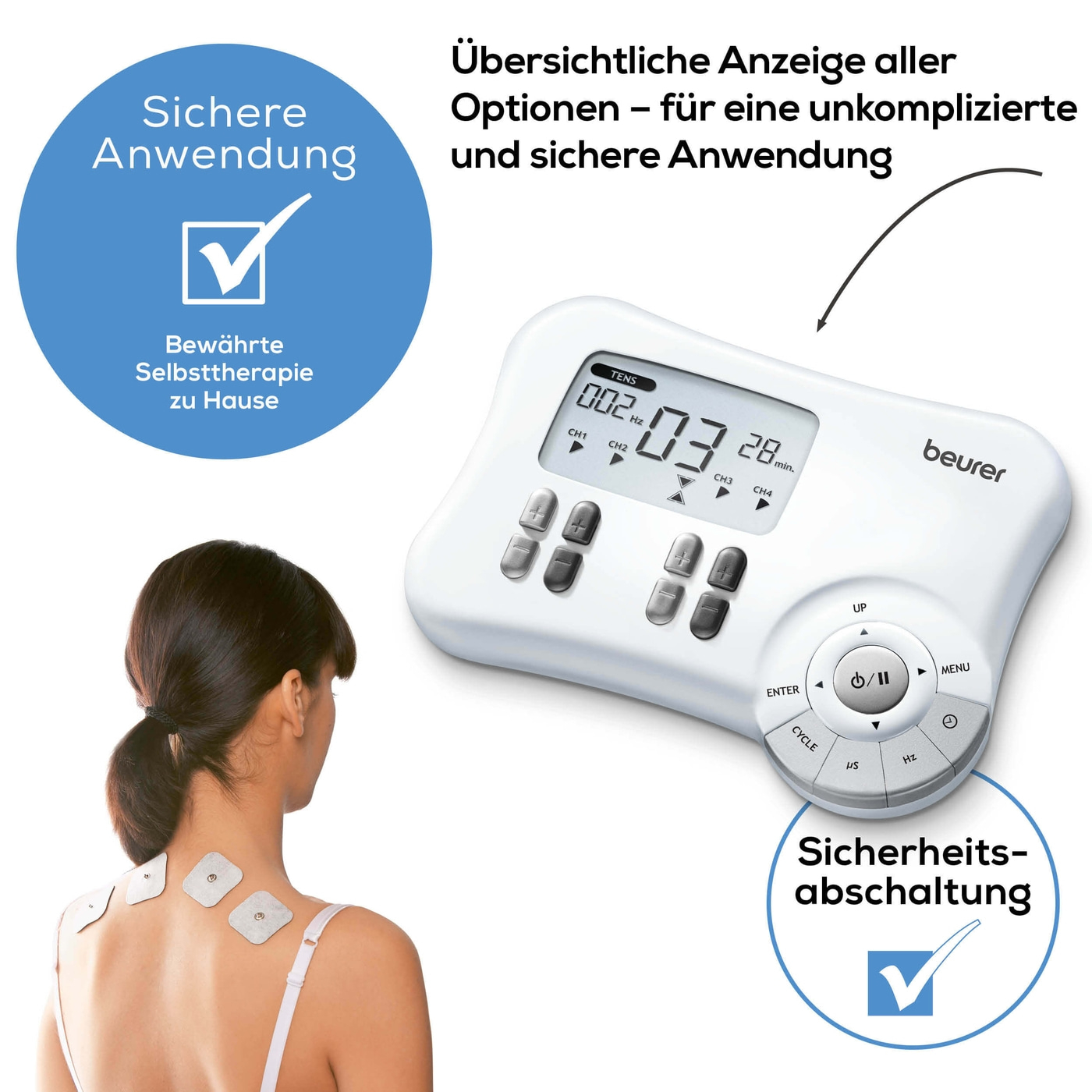 Beurer Digital TENS/EMS EM 80 3-in-1-EMS-TENS-Gerät zur Schmerztherapie, Muskelstimulation & Massage mit 8 Elektroden