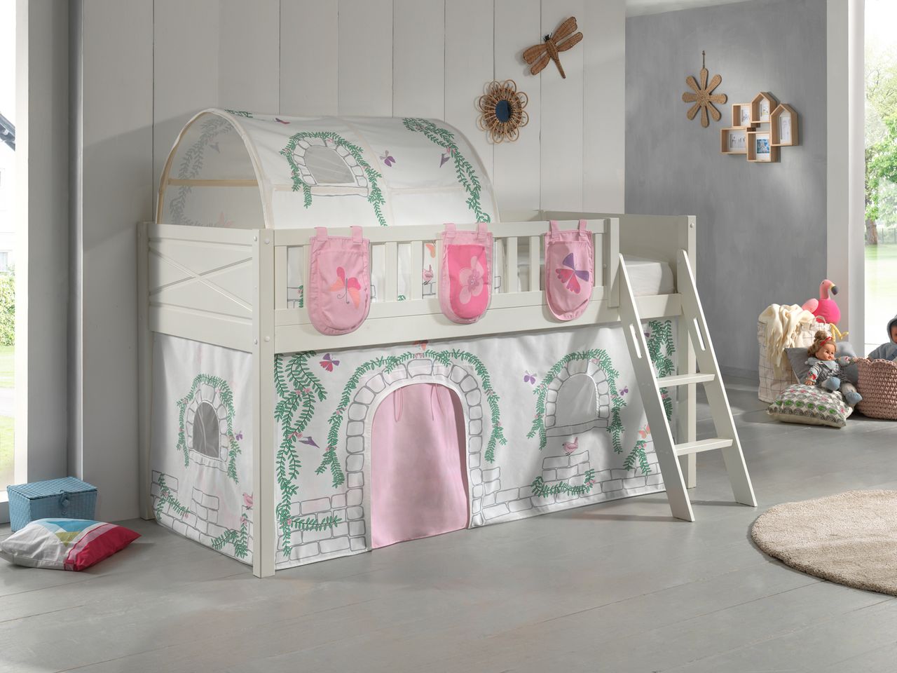 VIPACK Spielbett SCOTT, LF 90 x 200 cm, mit Rolllattenrost, Leiter und Textilset Vorhang, Tunnel und 3 Taschen 