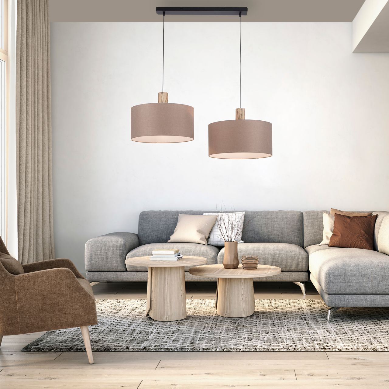 JUST LIGHT LeuchtenDirekt Pendelleuchte LINEN, Holzapplikation, natürlicher Materialmix, 2x E27/60W exkl., Innenleuchte