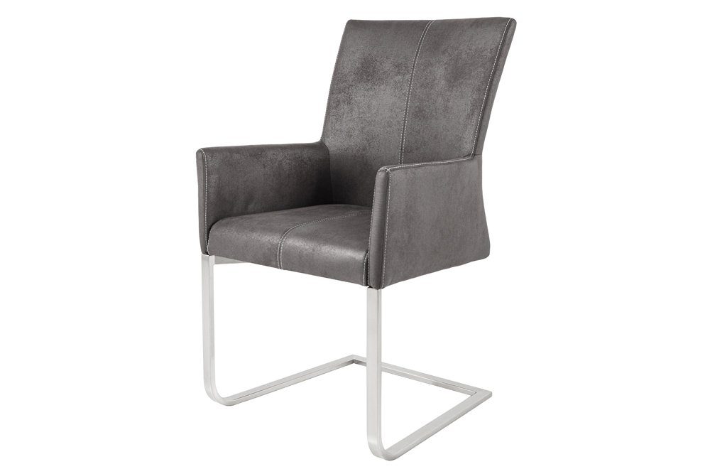 riess-ambiente Freischwinger SAMSON vintage grau / silber (Einzelartikel, 1 St), Esszimmer · Microfaser · Edelstahl · mit Armlehne · Industrial Design