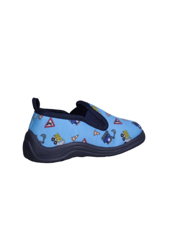 Playshoes Hausschuh Allover Baustelle in Blau günstig kaufen