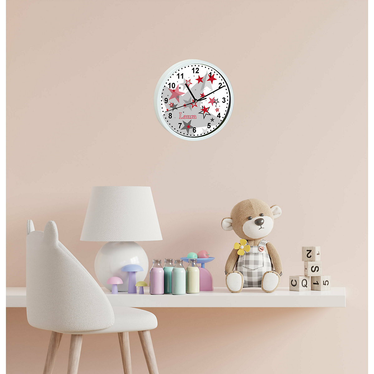 Kinder Wanduhr personalisiert mit Name Sternenhimmel Rot Grau