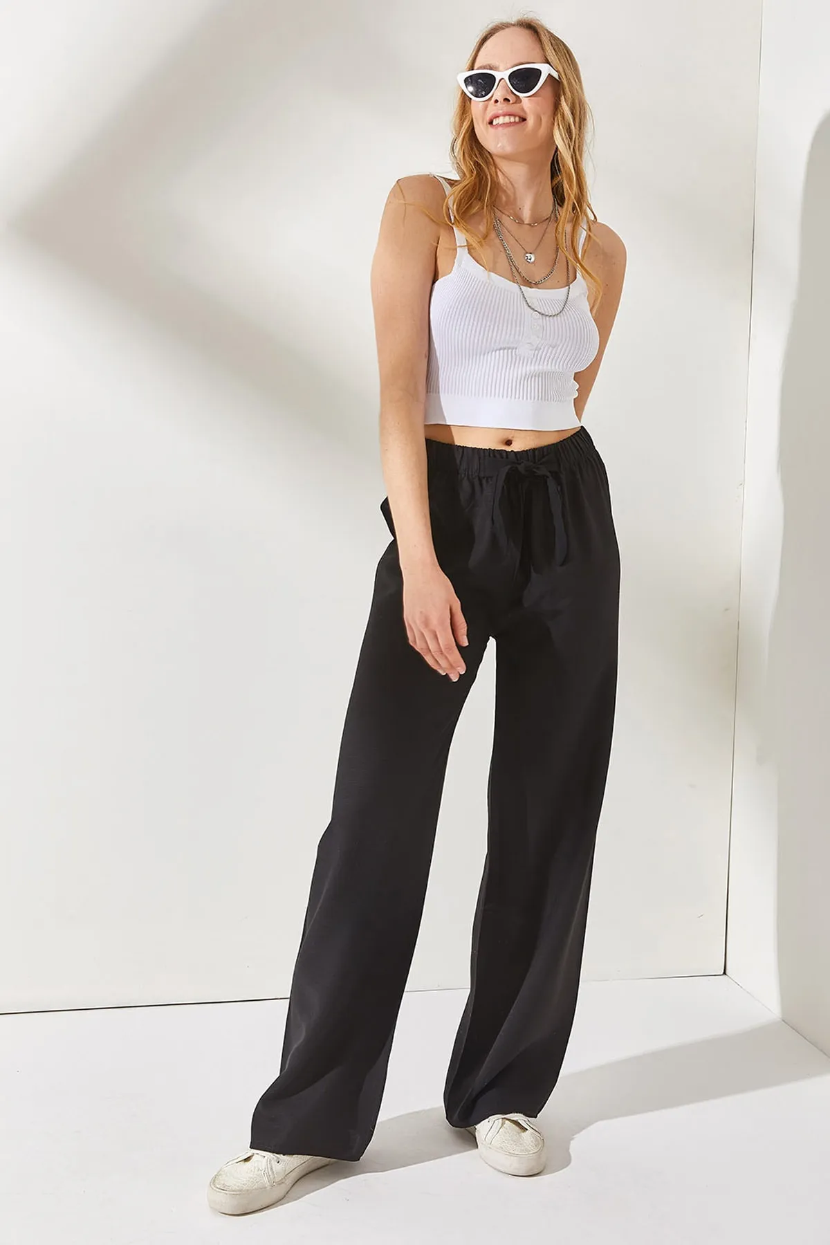 Olalook  Schwarze Palazzo-Leinenhose mit elastischem Bund und Schnürung für Damen PNT-19000219