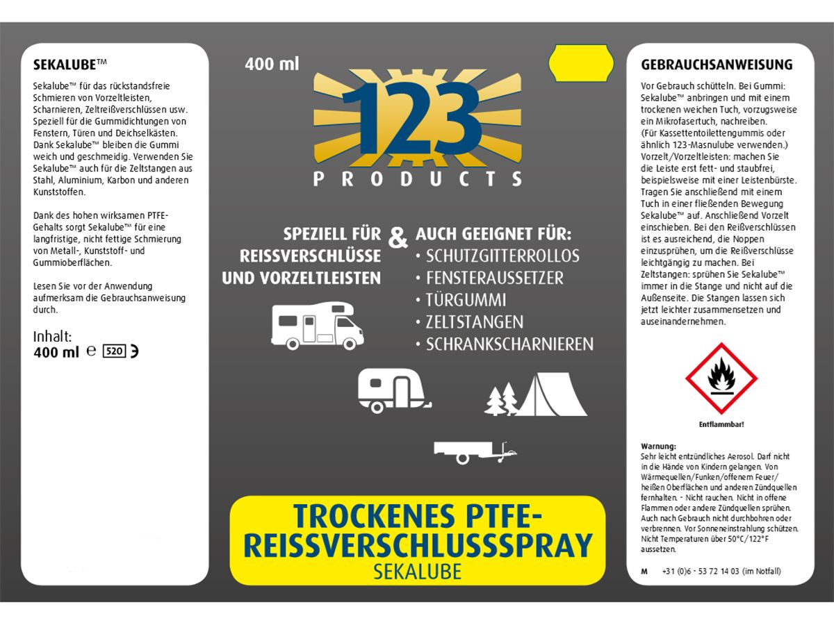 123 Products Sekalube PTFE Reißverschlussspray