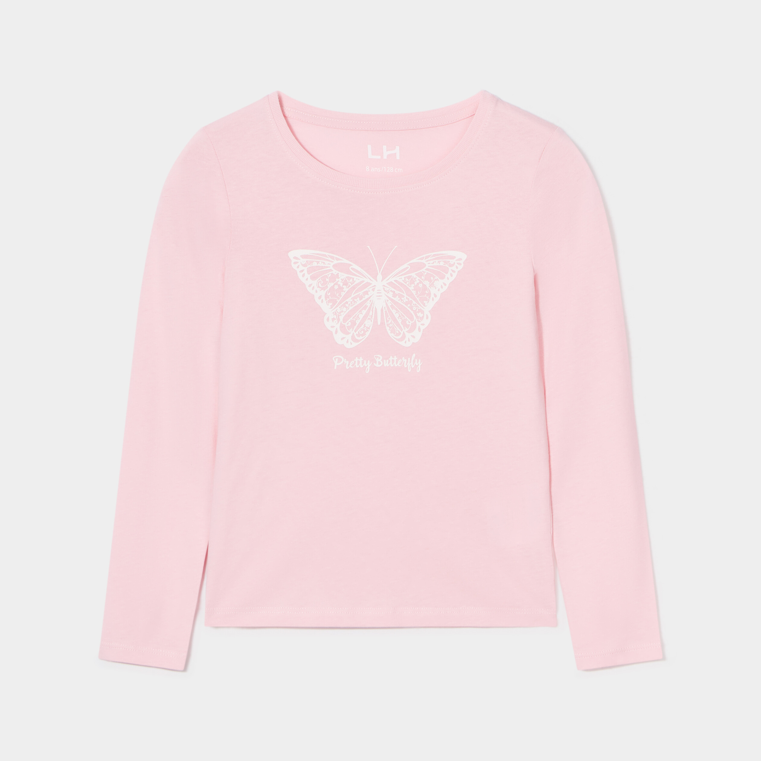 T-shirt col rond manches longues coton rose clair fille | La Halle
