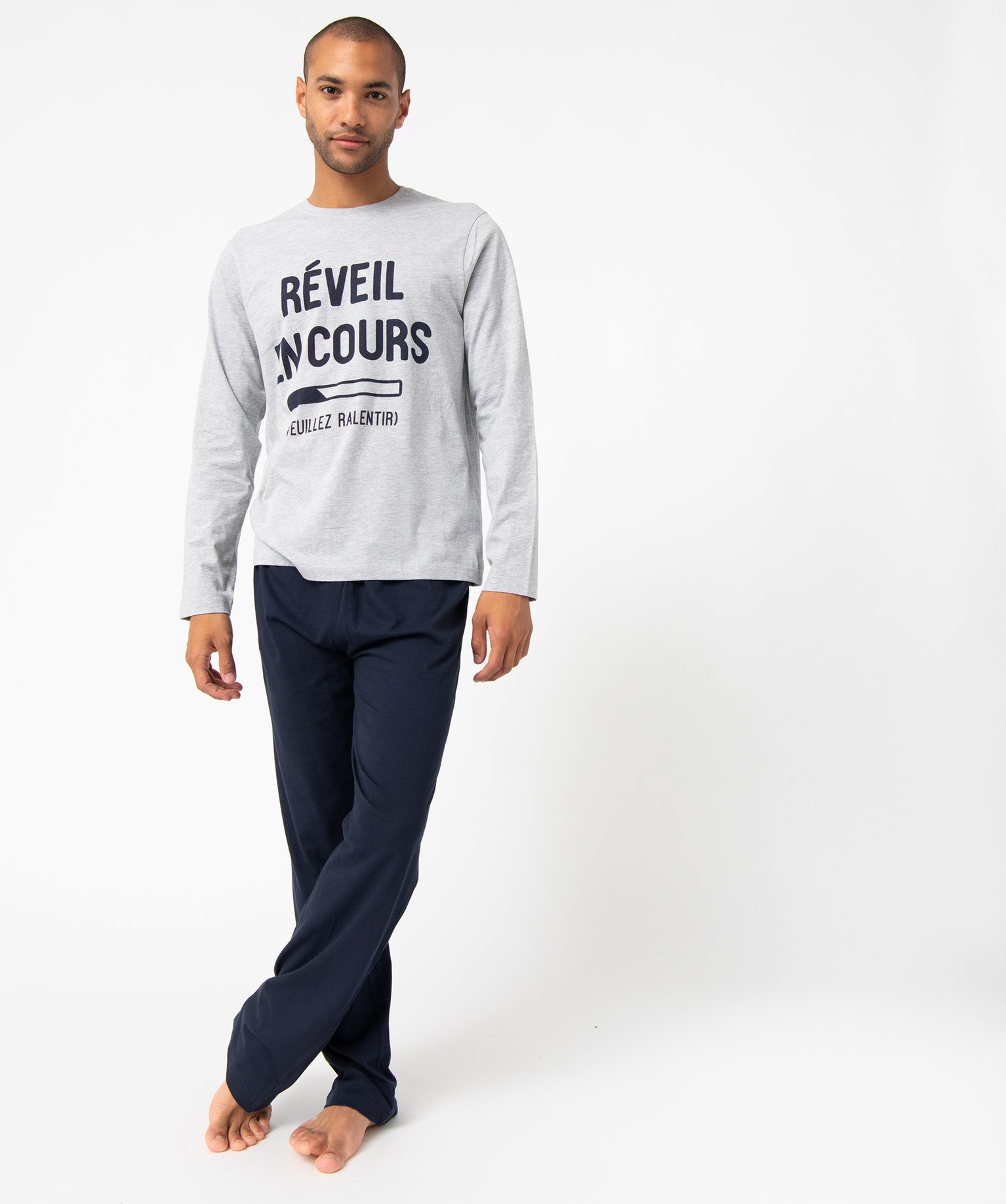Pyjama homme à manches longues et pantalon large gris | GEMO