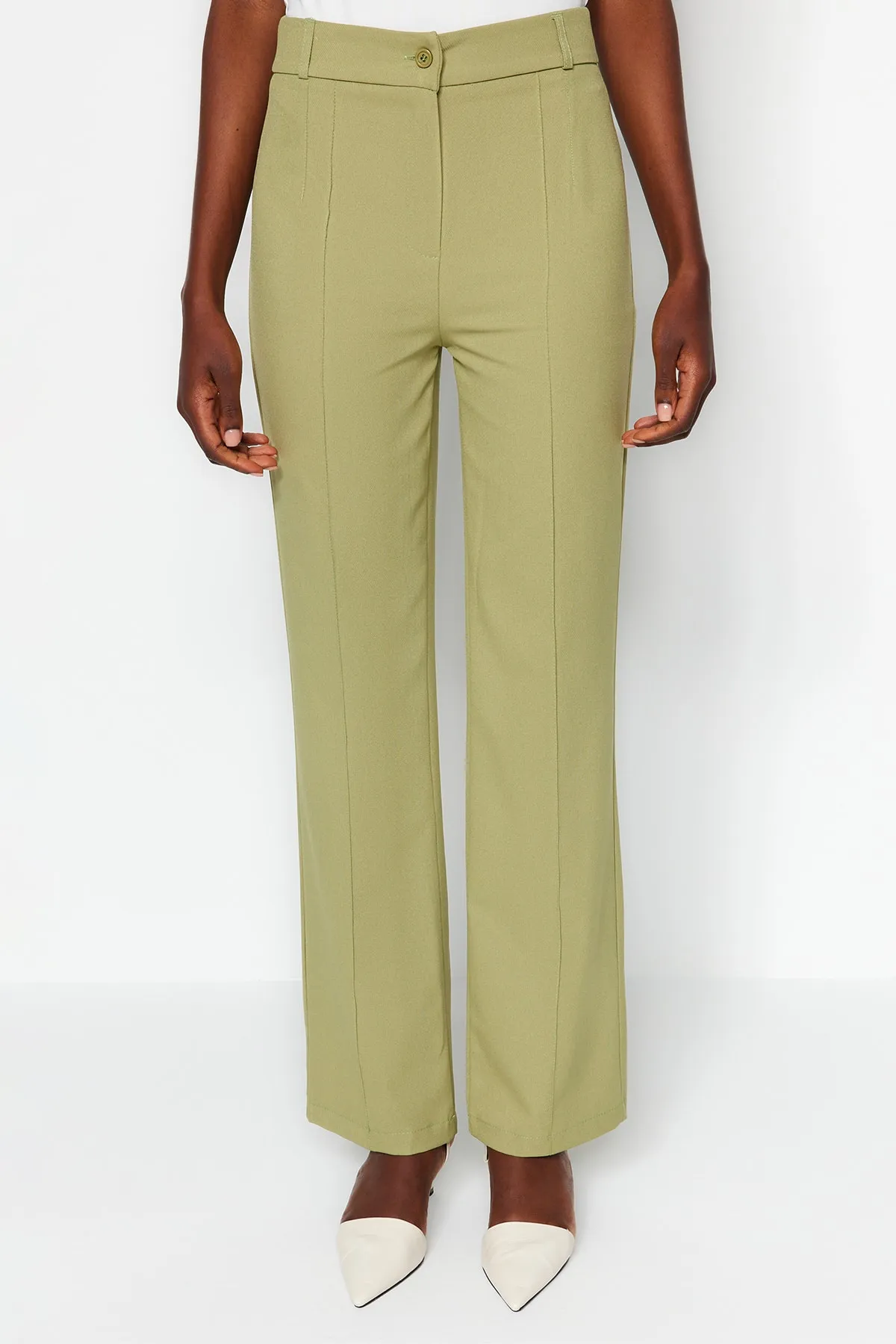 Trendyol Collection  Grüne, gerade geschnittene, gerippte, genähte Webhose mit hoher Taille TWOSS21PL0093