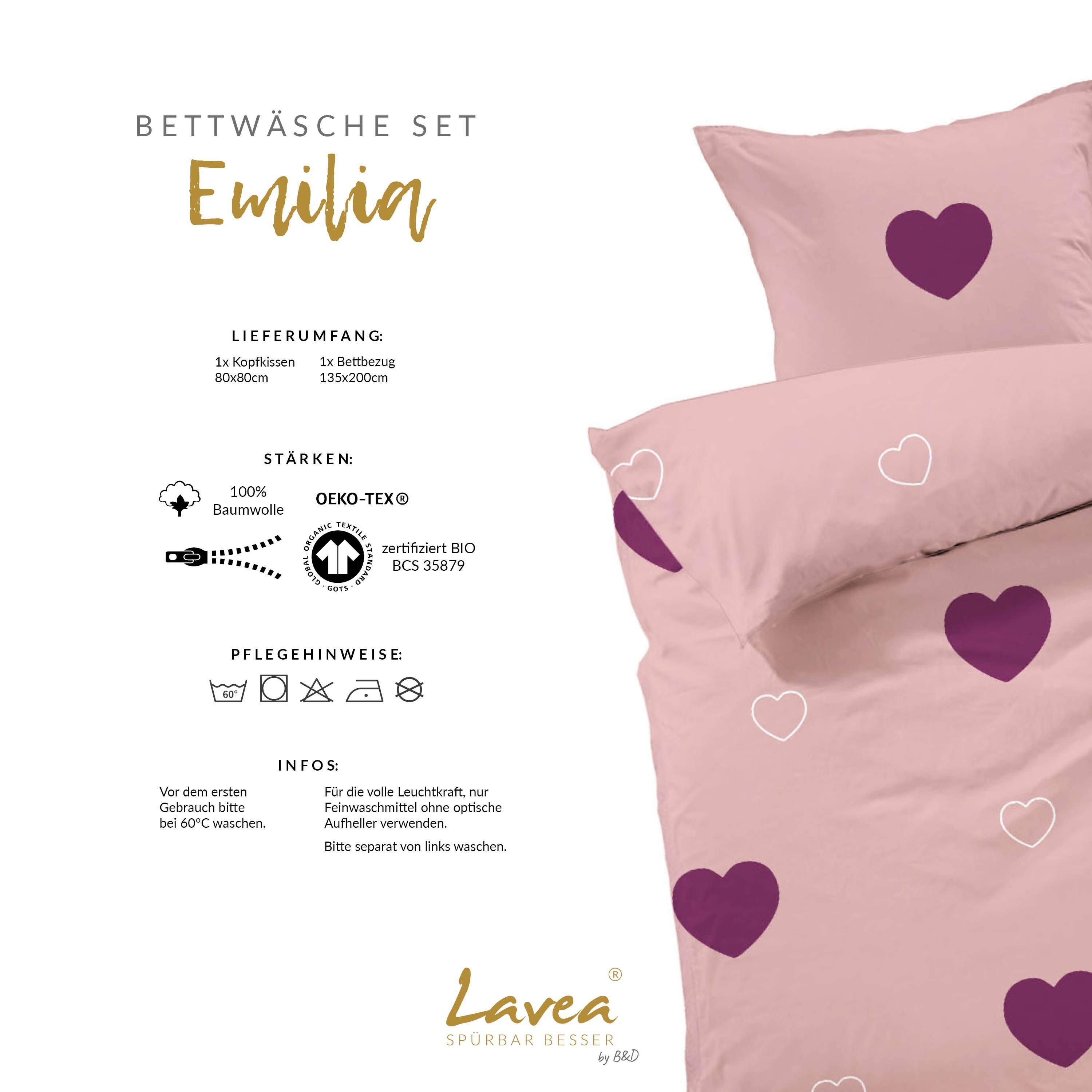 Bettwäsche Herzen, Lavea, mit Reißverschluss, 100% Baumwolle