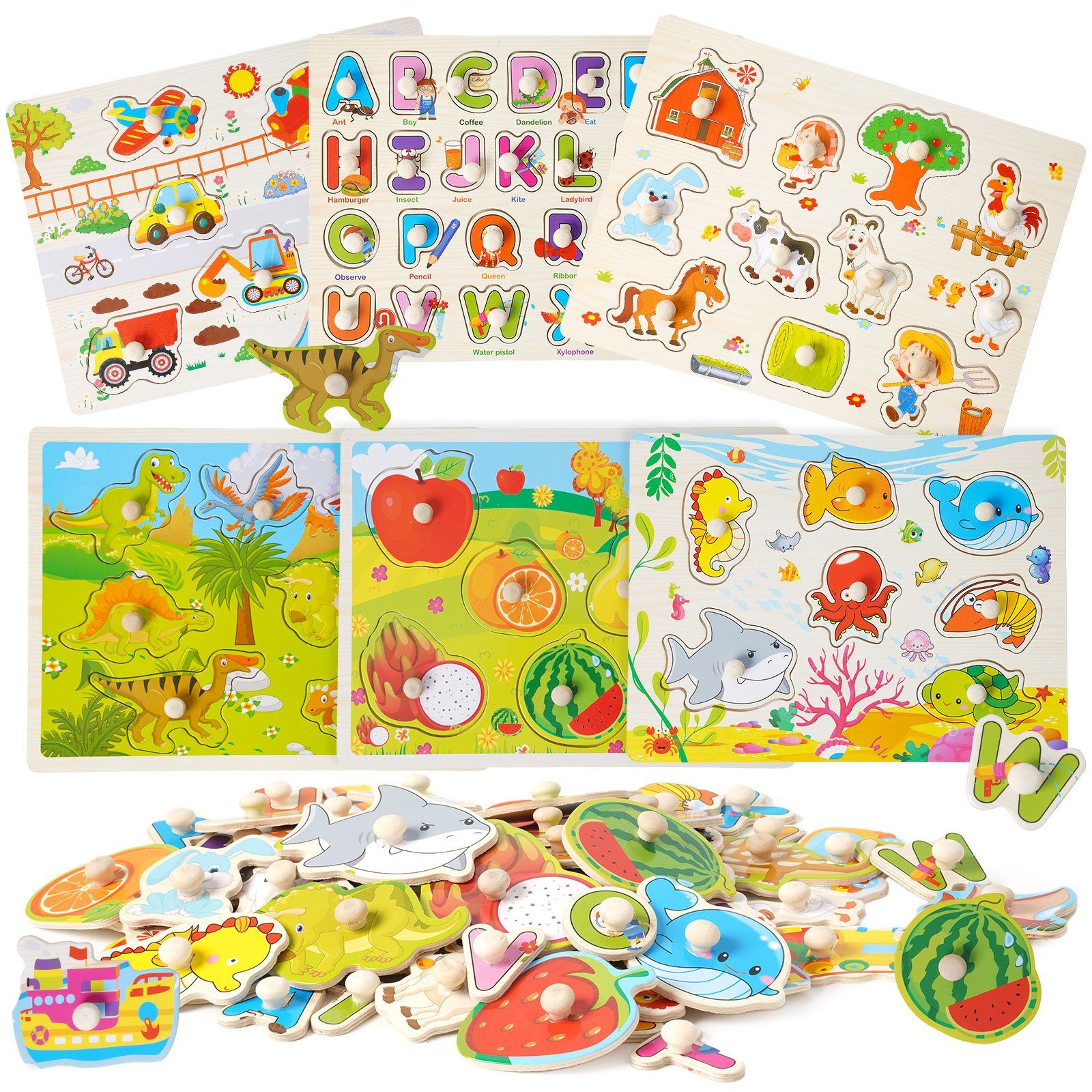 LBLA Lernspielzeug Holzpuzzle-Lernspielzeug: für Spaß und Lernen mit sicheren Materialien (6er Set), Vielfältige Designs( Dinosaurier, Fahrzeug, Bauernhof, Alphabet, Meer, Obst)