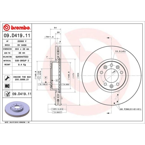 Bremsscheibe Vorderachse Brembo 09.D419.11 - ATU