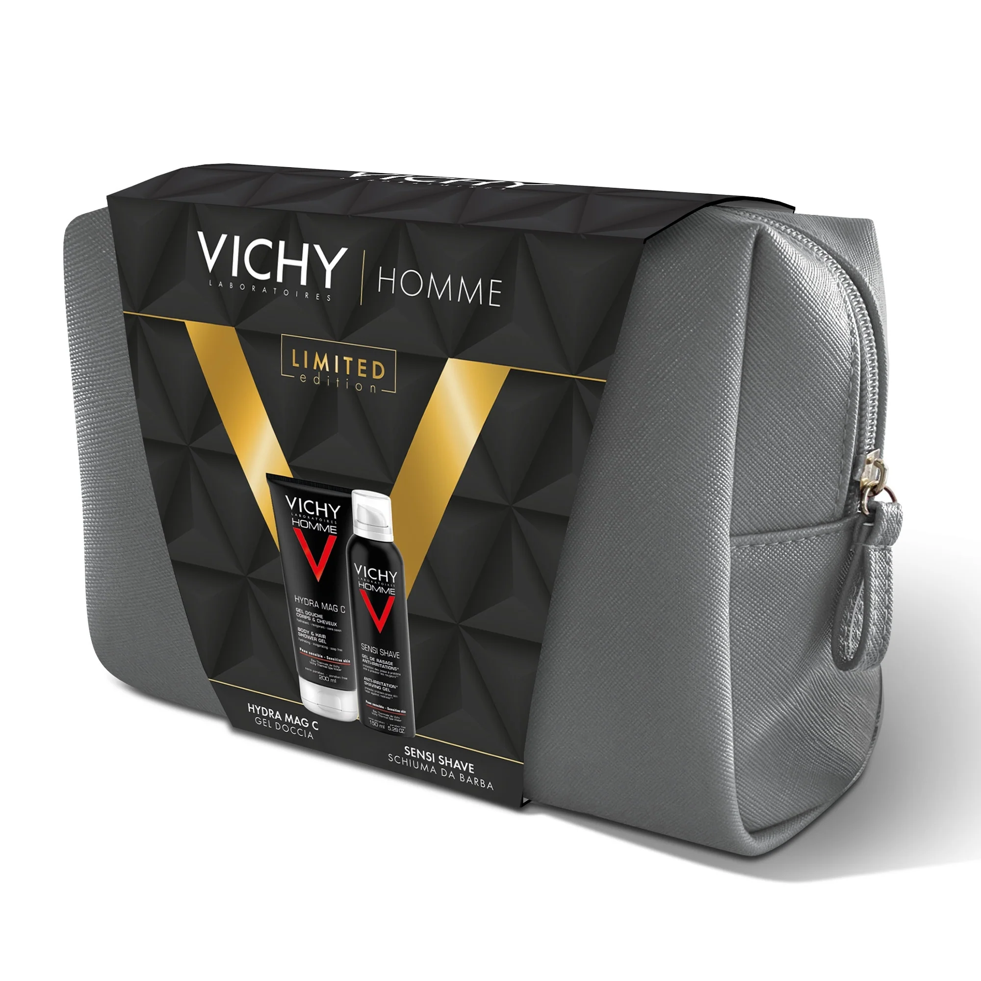 Vichy Homme vīriešu dušas želeja ar Hydra Mag C dušas želeju + Sensi Shave skūšanās putām - sejas un ķermeņa dāvanu komplekti, skūšanās putas, vanna un duša