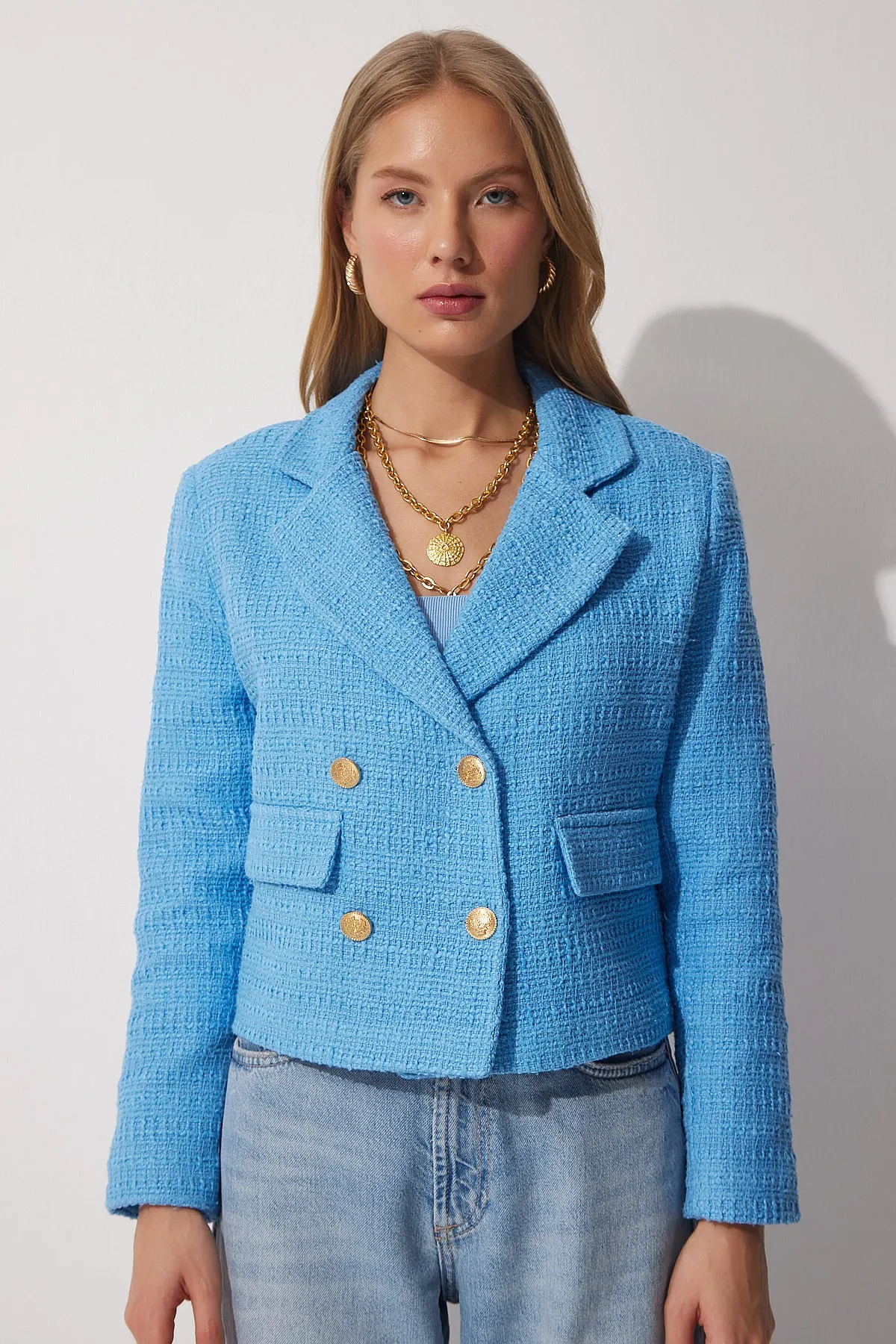 Happiness İstanbul  Kurze zweireihige Tweedjacke für Damen in Blau WF00017