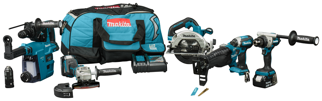 Makita DLX7031TX1 Kombi-Set mit 7 Geräten, 18 V, 2 x 5,0 Ah, auf Leiter in Tas