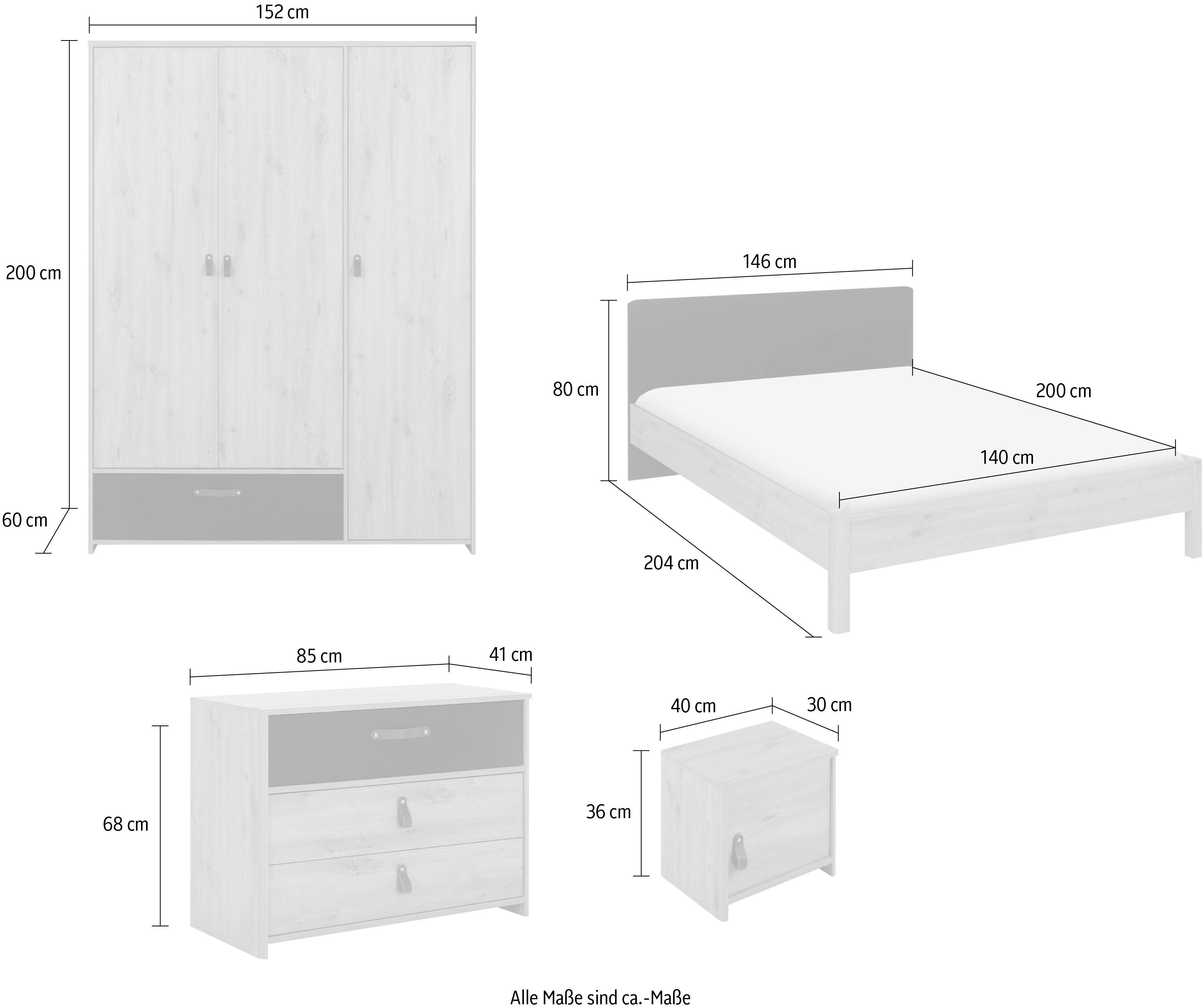 Gami Jugendzimmer-Set Arthus, (6-St., Bett mit Kopfteil, Nachttisch, Kleiderschrank, Kommode)