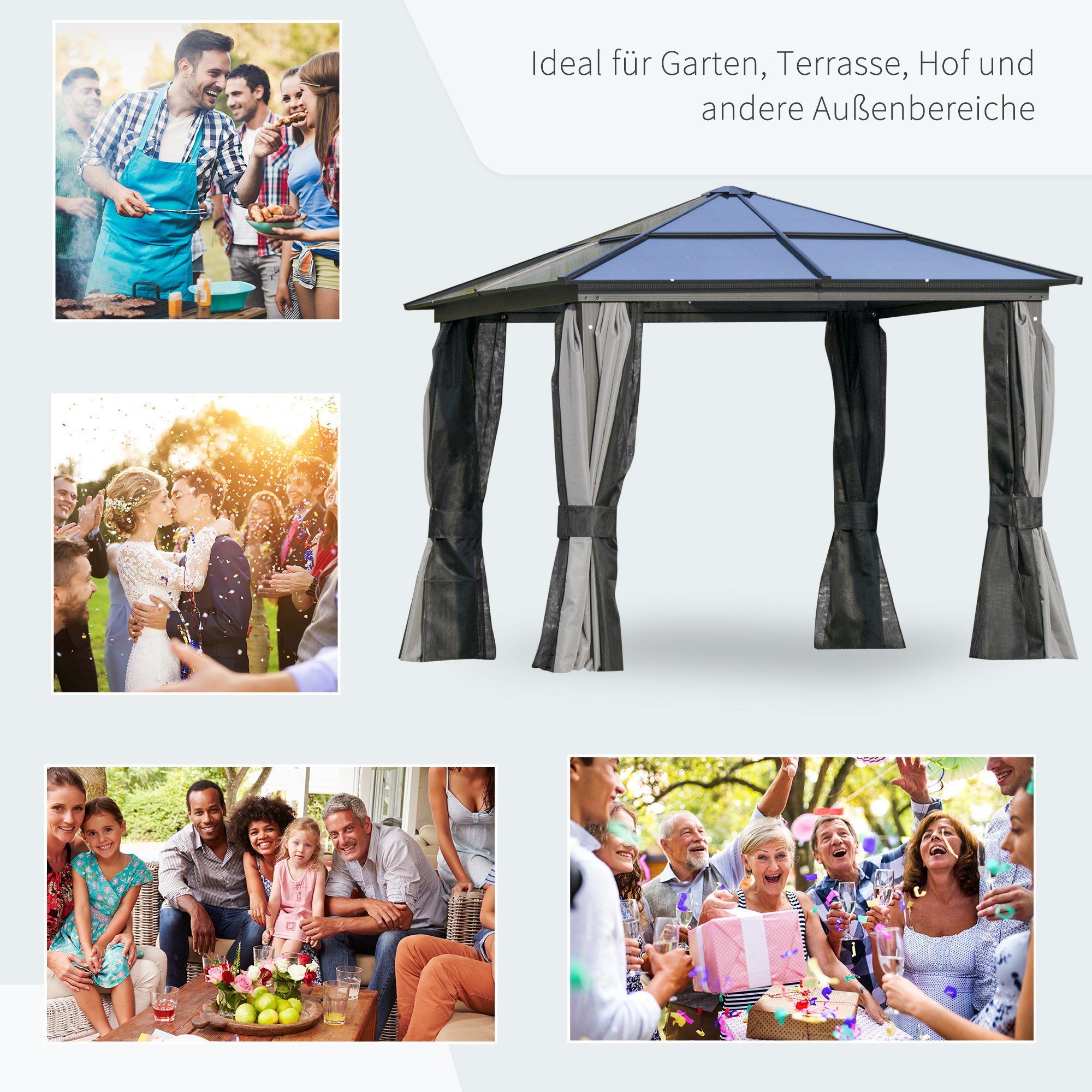 Outsunny Pavillon Pavillon, mit 4 Seitenteilen, (Set, Pavillon mit PC-Dach; 8 x Heringe), BxT: 300x300 cm