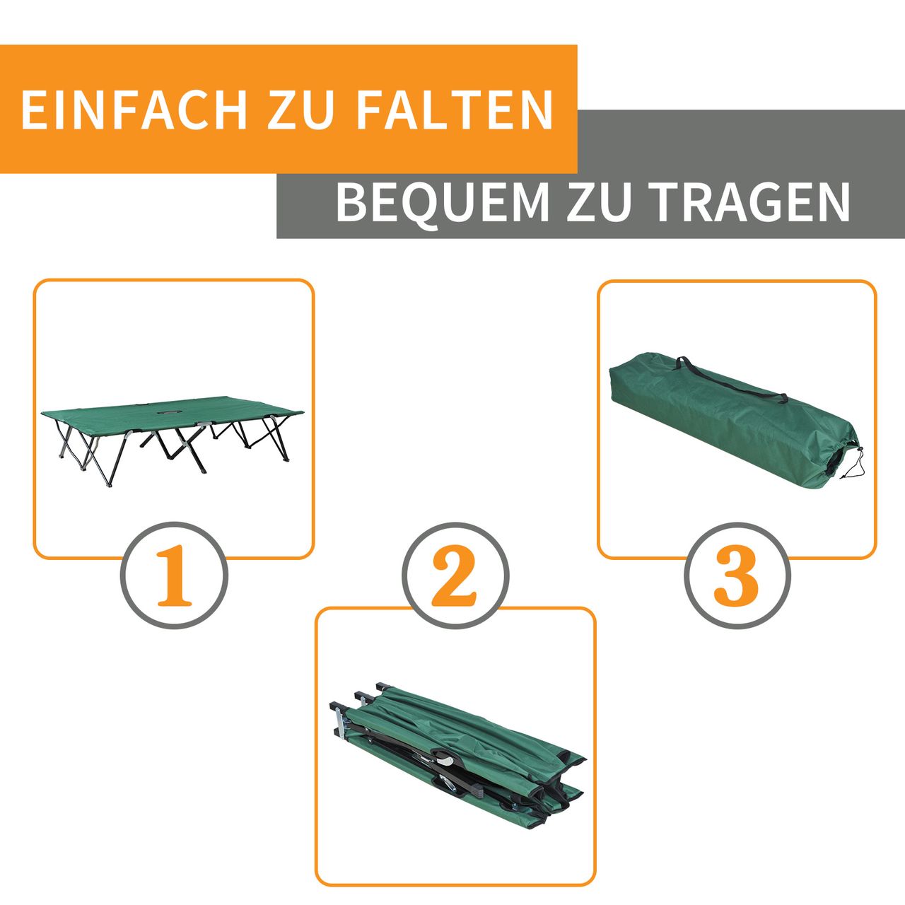 Outsunny Campingbett Klappbar für 2 Personen Feldbett Klappbett mit Tragetasche bis 136 kg belastbar Stahl Oxford Grün Schwarz 193 x 125 x 40 cm