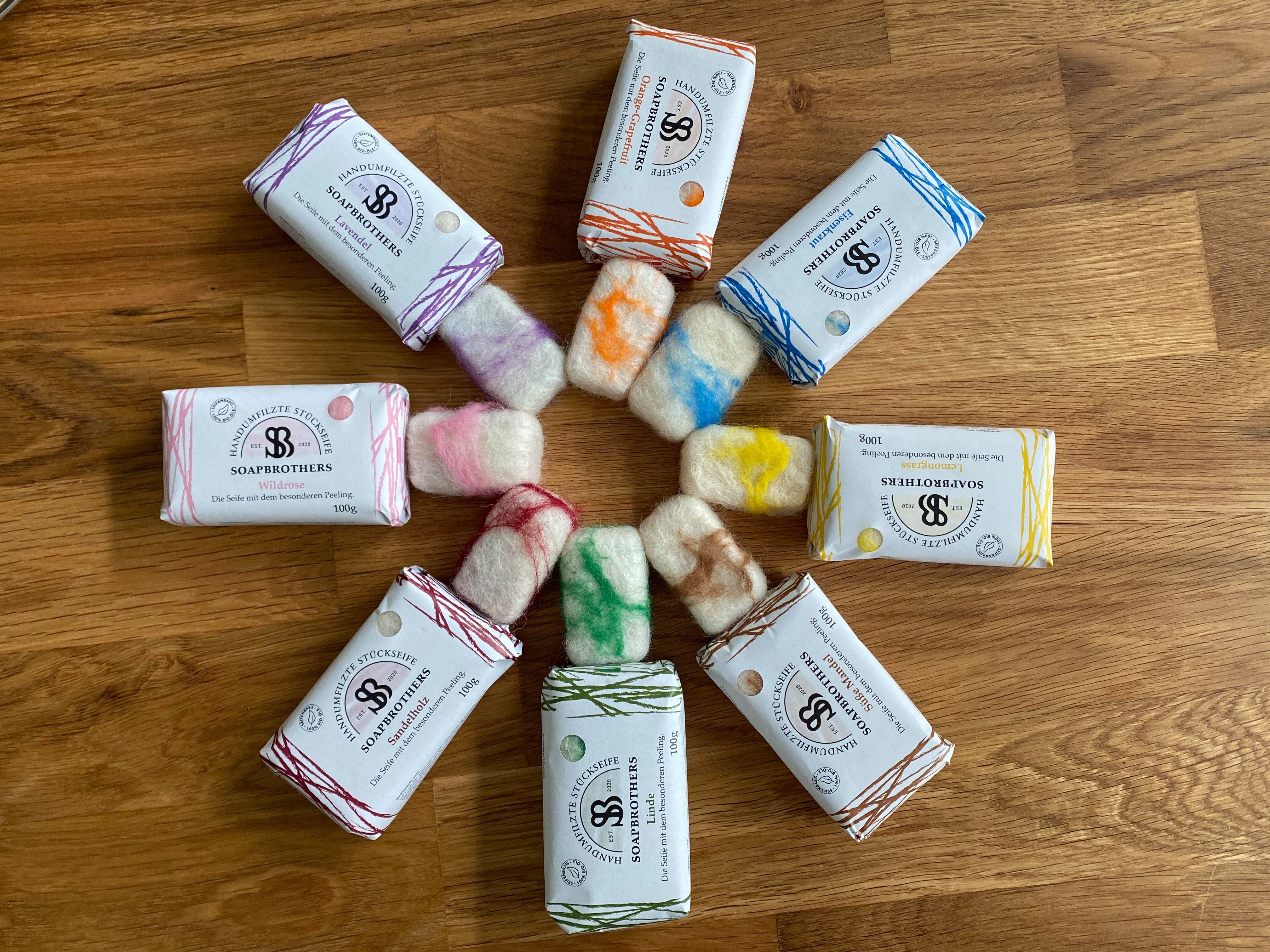 Soapbrothers Handseife Naturkosmetik, Bio-Seife, Handseife in 8 Duftsorten mit Peeling-Effekt, 1-tlg., Filzseife, Naturkosmetik