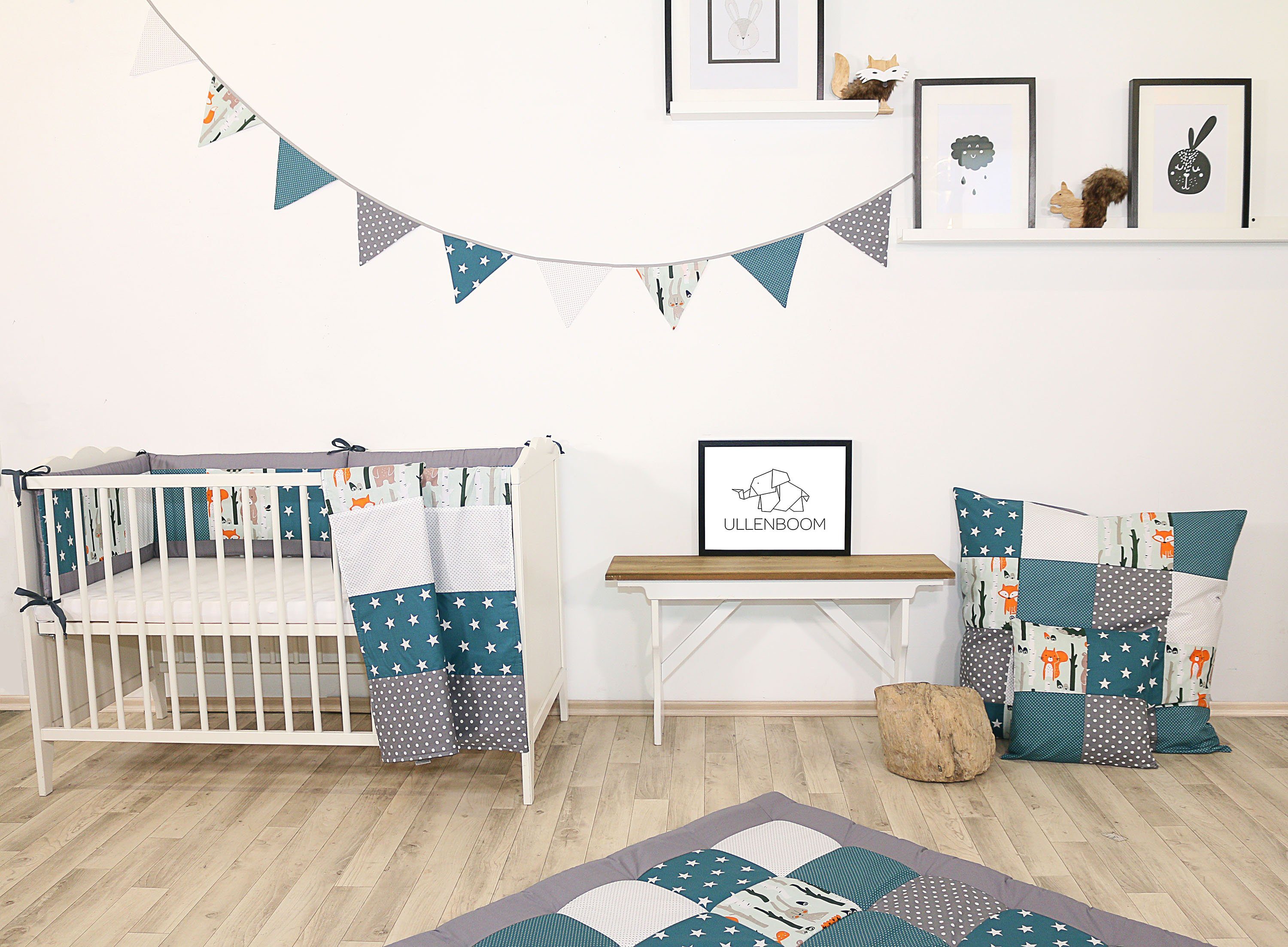 Kinderbettwäsche Babybettwäsche 2-teilig Waldtiere Petrol (Made in EU), ULLENBOOM ®, Mit Deckenbezug (80x80 cm) & Kissenbezug (35x40 cm), aus 100% Baumwolle