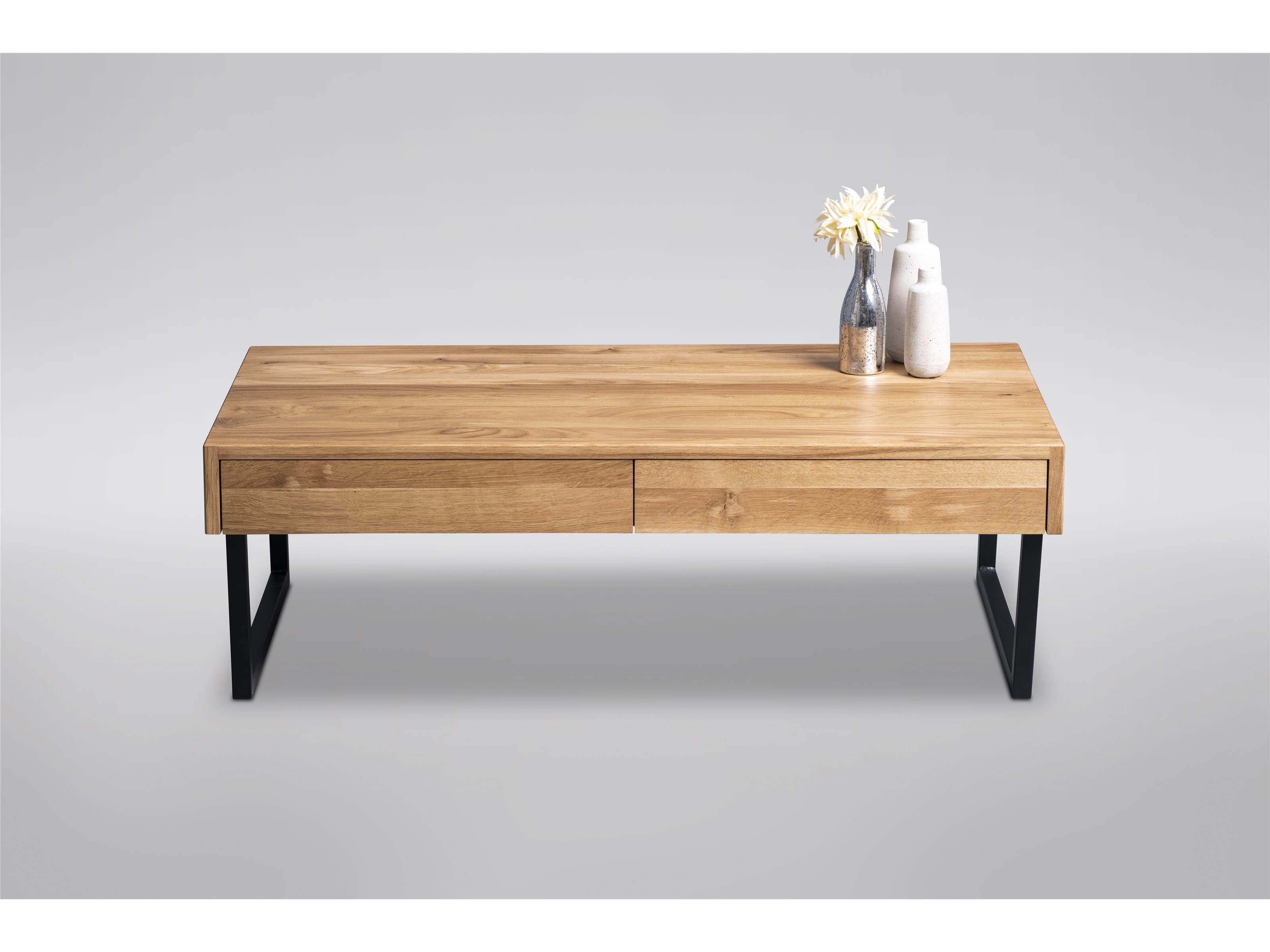 möbelando Couchtisch Livvyy, Moderner Couchtisch, Tischplatte aus Massivholz in Wildeiche geölt, Gestell aus Metall in Schwarz mit 2 Schubkästen. Breite 110 cm, Höhe 35 cm, Tiefe 60 cm