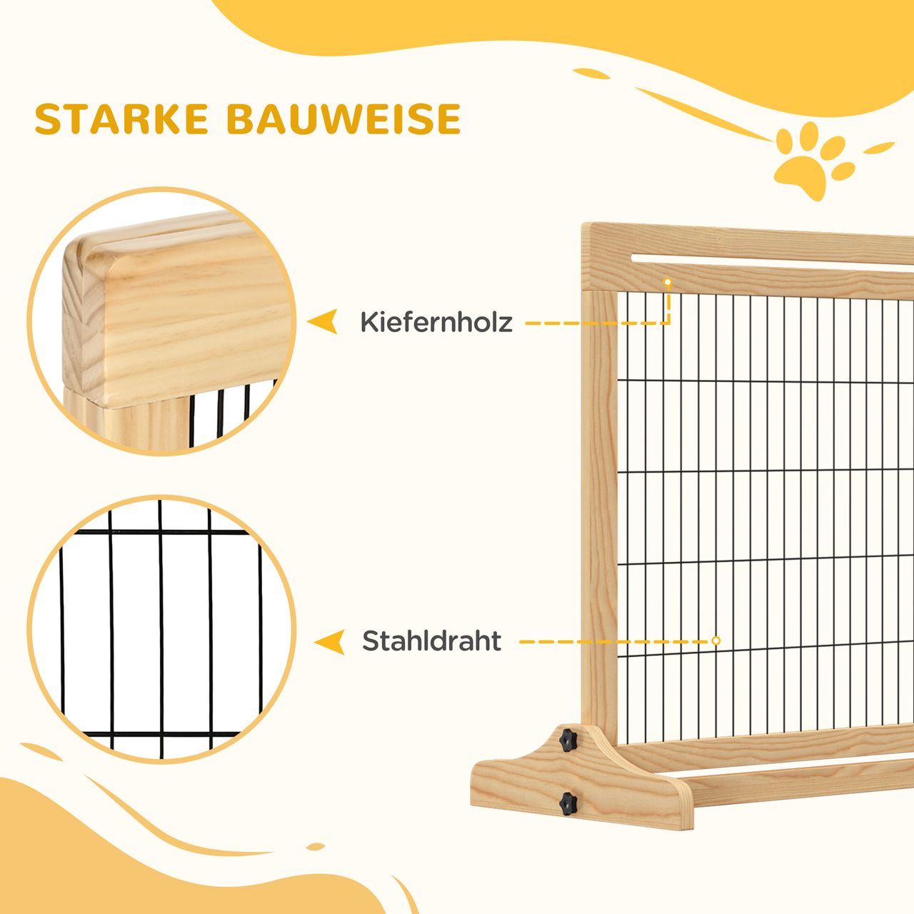PawHut Hunde Absperrgitter aus Holz, Ausziehbares Türschutzgitter, Hundegitter