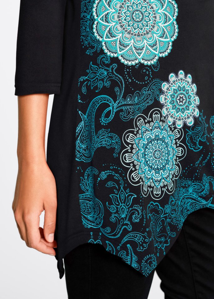 Zipfel-Longshirt mit V-Ausschnitt, 3/4-Arm