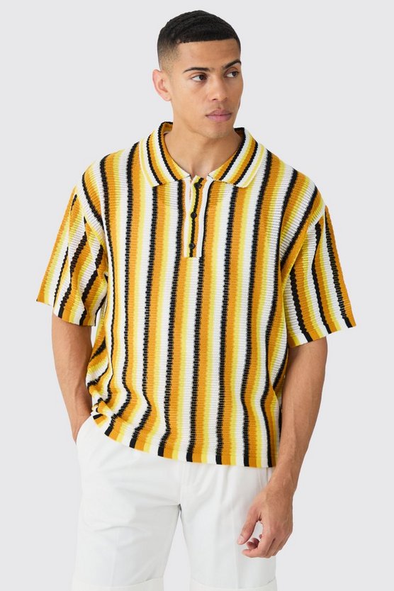 Kastiges gestreiftes Oversize Strick-Poloshirt in Gelb
