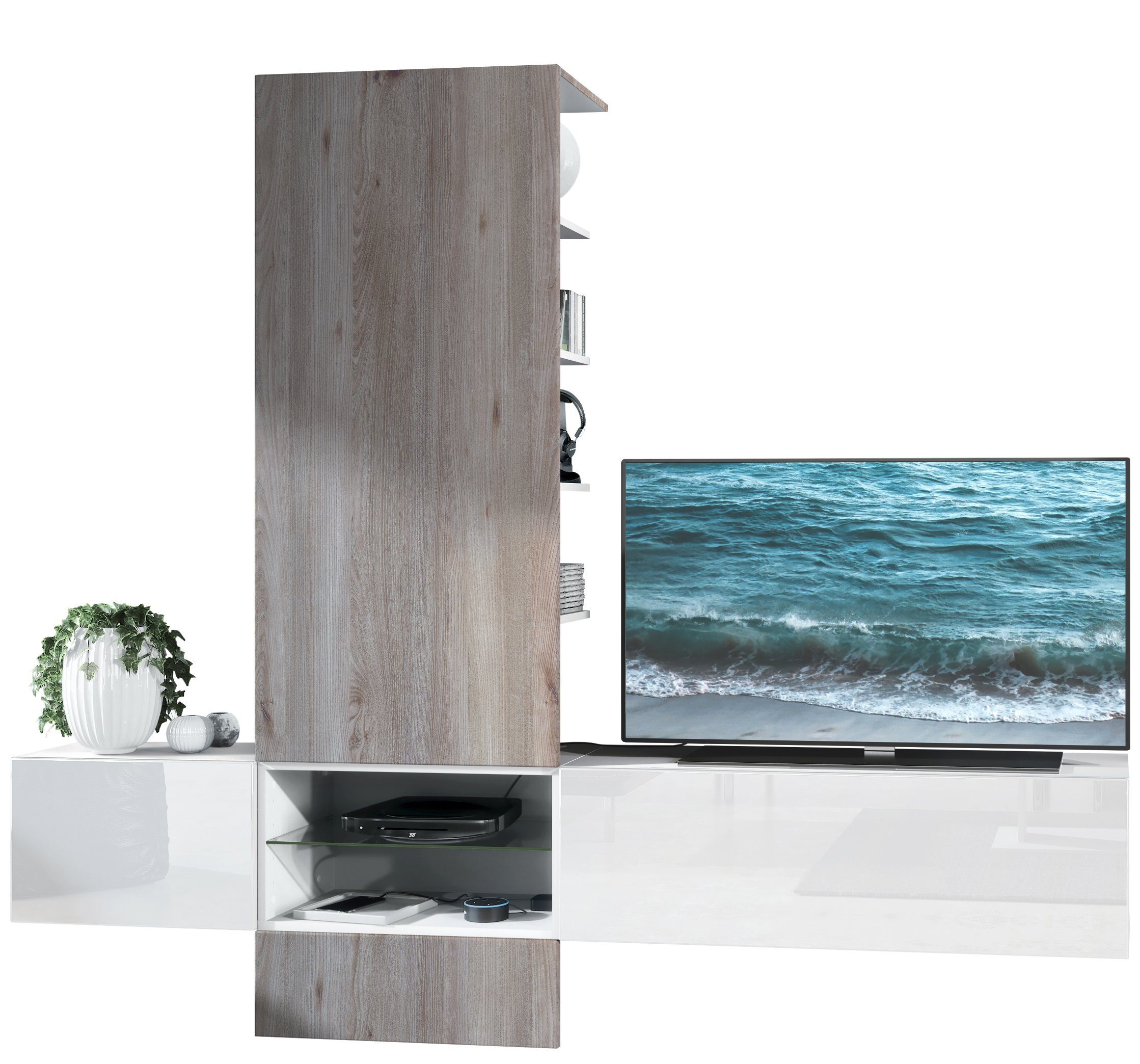 Vladon Wohnwand Manhattan, (Anbauwand bestehend aus 1 Paneel, 3-St., 2 großen und 1 kleinen Klappenschrank), Weiß Matt/Fronten Weiß glänzend/Paneel in Eiche Nordic (215x182x37 cm)