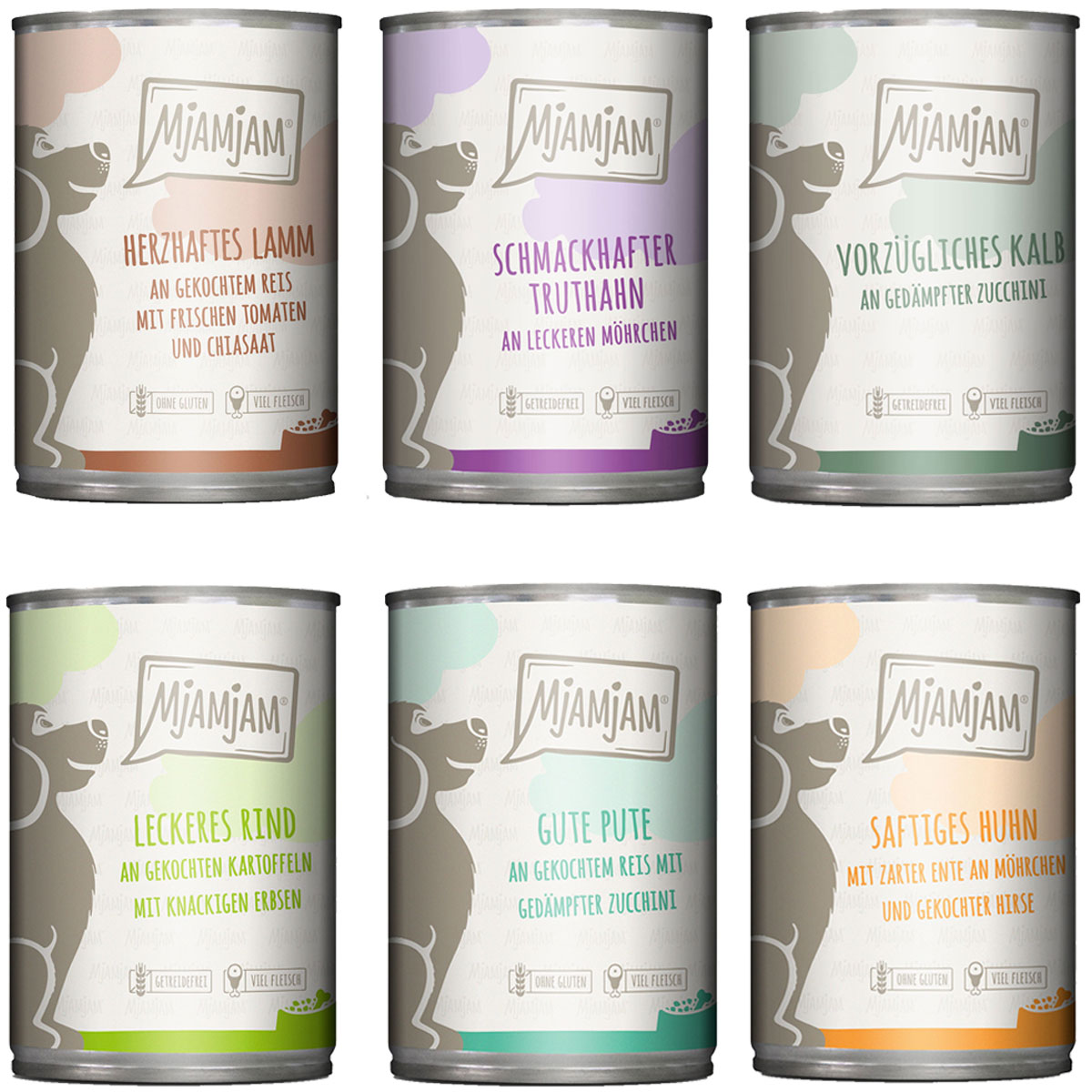 MjAMjAM Mixpaket II mit Huhn&Ente, Rind, Pute, Kalb, Truthahn, Lamm 6x400g