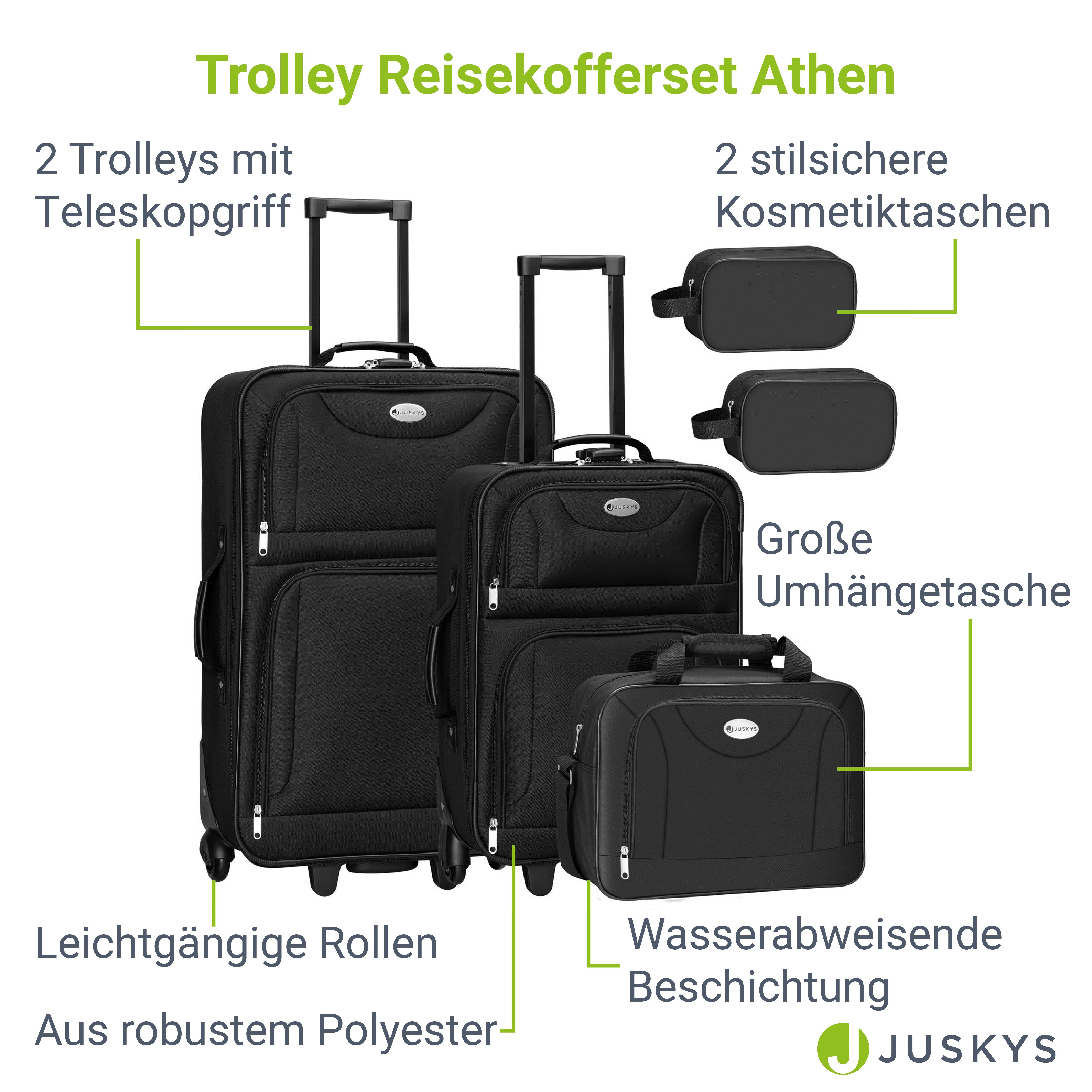 Juskys Trolleyset Athen, 2 Rollen, (5-teilig), 2 Trolley, 1 Umhängetasche, 2 Kosmetiktaschen