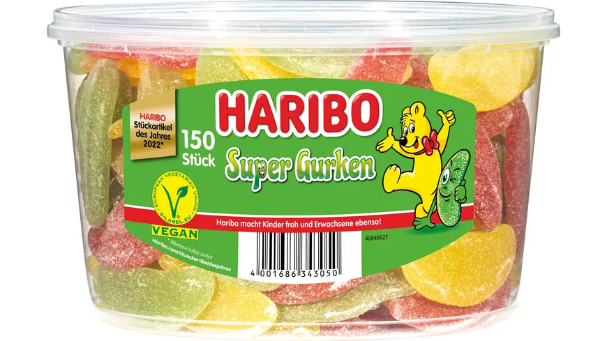 Haribo Fruchtgummi Super Gurken Runddose Vegan 1350 g