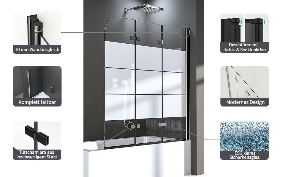 Boromal Badewannenaufsatz 3 teilig Schwarz Faltbar Duschwand Badewanne Glaswand Duschtrennwand, Sicherheitsglas, (Badewannenabtrennung 3-teilig mit Milchglas Streifen), 5mm ESG Glas, Badewannenfaltwand
