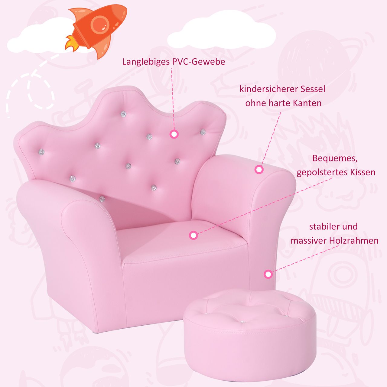 HOMCOM Kindersofa mit Ottomane Kindercouch in Kronenform Kindersessel Rosa