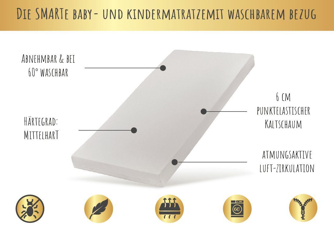 Kindermatratze SMART, Babymatratze mit abnehmbarem Bezug, waschbar bei 60°C, Kids Collective, 6 cm hoch, für Babybett oder Gitterbett, 120x60 cm, 6cm hoch, eco5 zertifiziert
