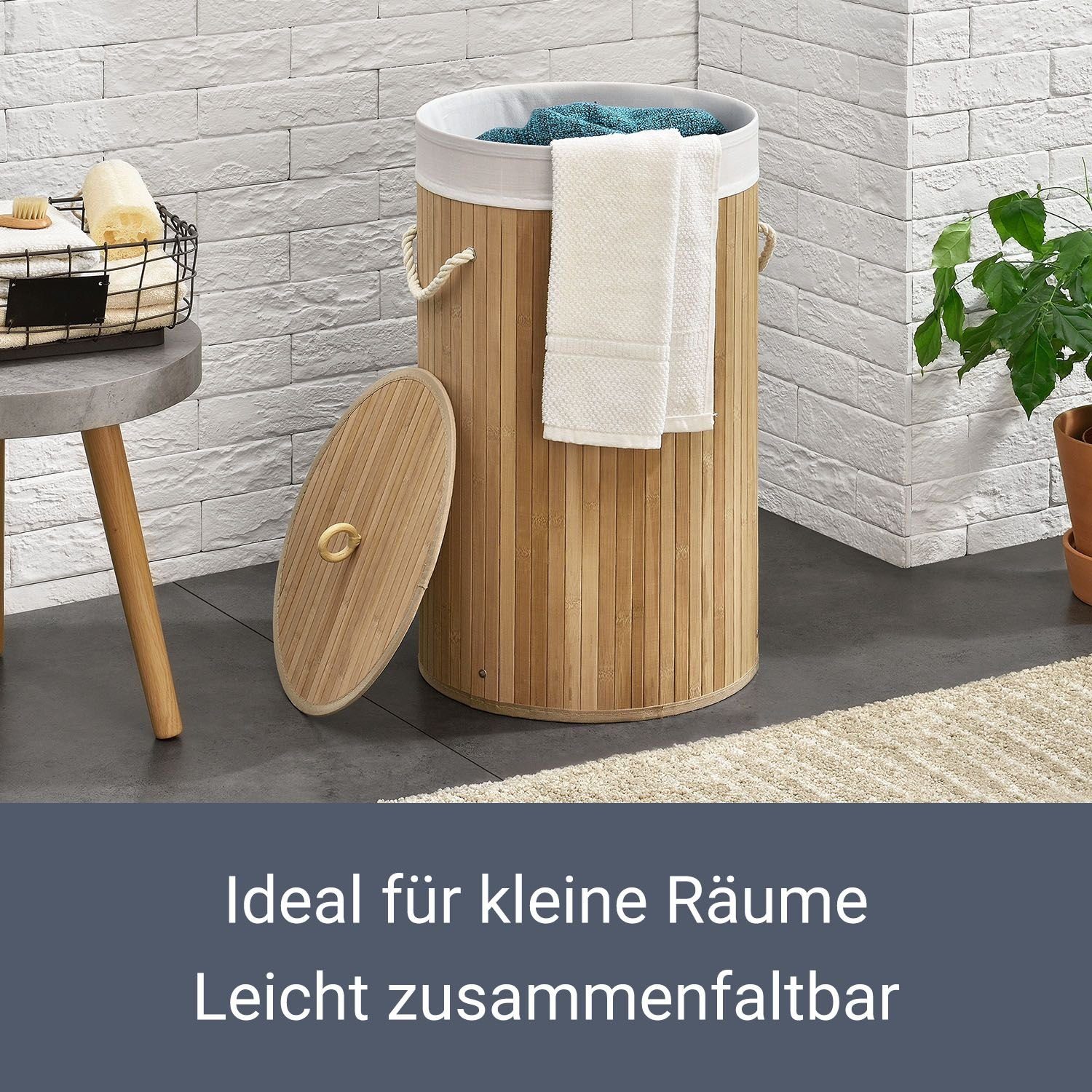 Juskys Wäschekorb Curly-Round, 55 l, mit Tragegriffe, Deckel, Wäschesack waschbar, platzsparend