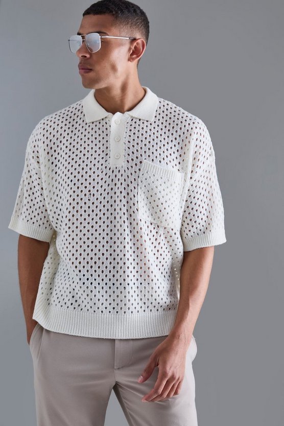 Kastiges gehäkeltes V-Ausschnitt Poloshirt in Ecru