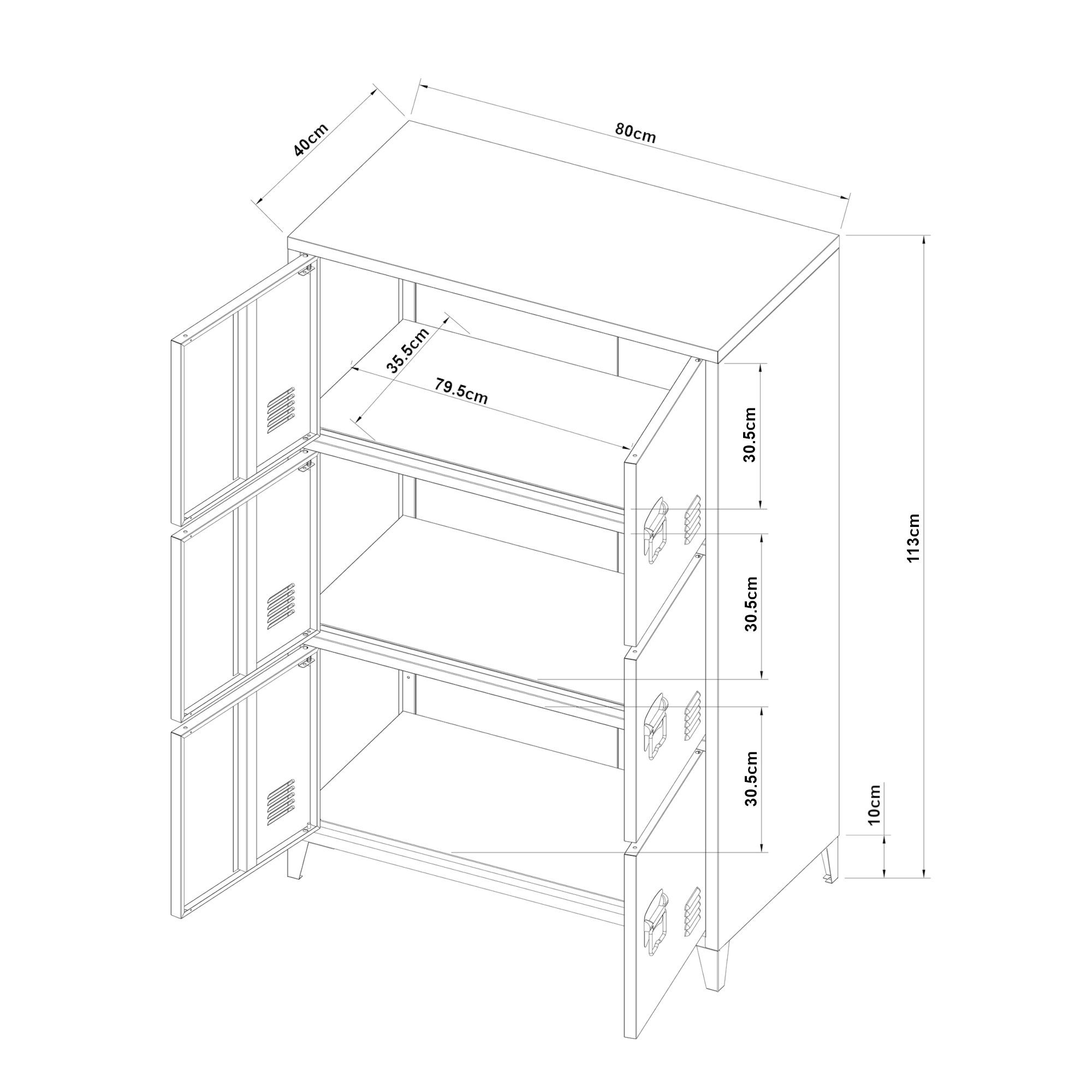 en.casa Mehrzweckschrank Hamina Büroschrank mit 6 Türen 80x140x113 cm Schwarz
