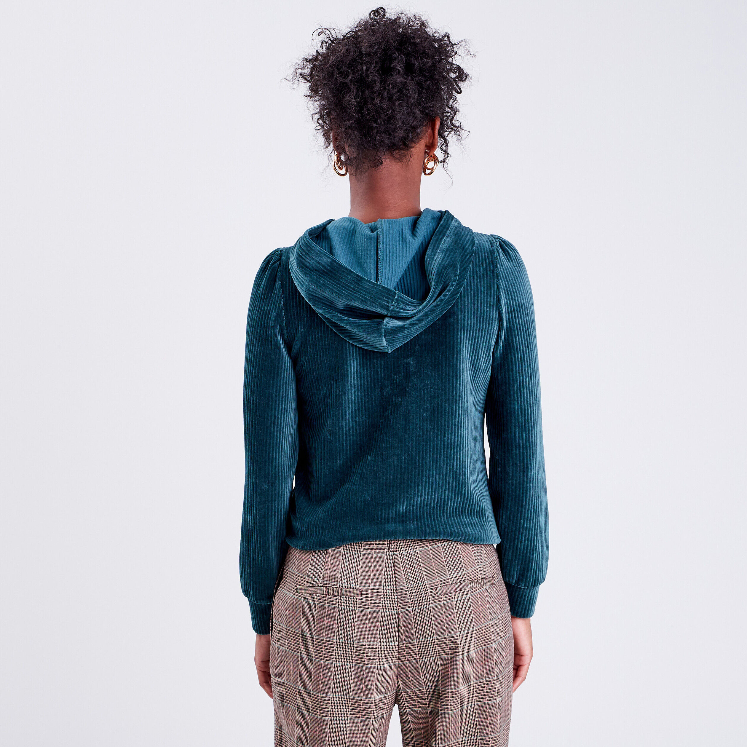 Sweat velours côtelé à capuche vert foncé femme | Cache Cache