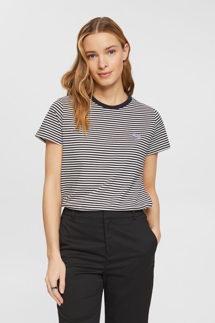 Gestreiftes T-Shirt mit gesticktem Blumenmotiv