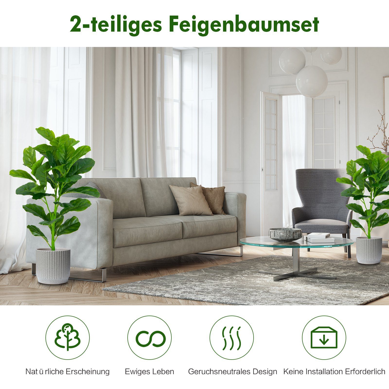 Kunstpflanze, COSTWAY, Höhe 90 cm, mit 32 realistischen Blättern & Topf