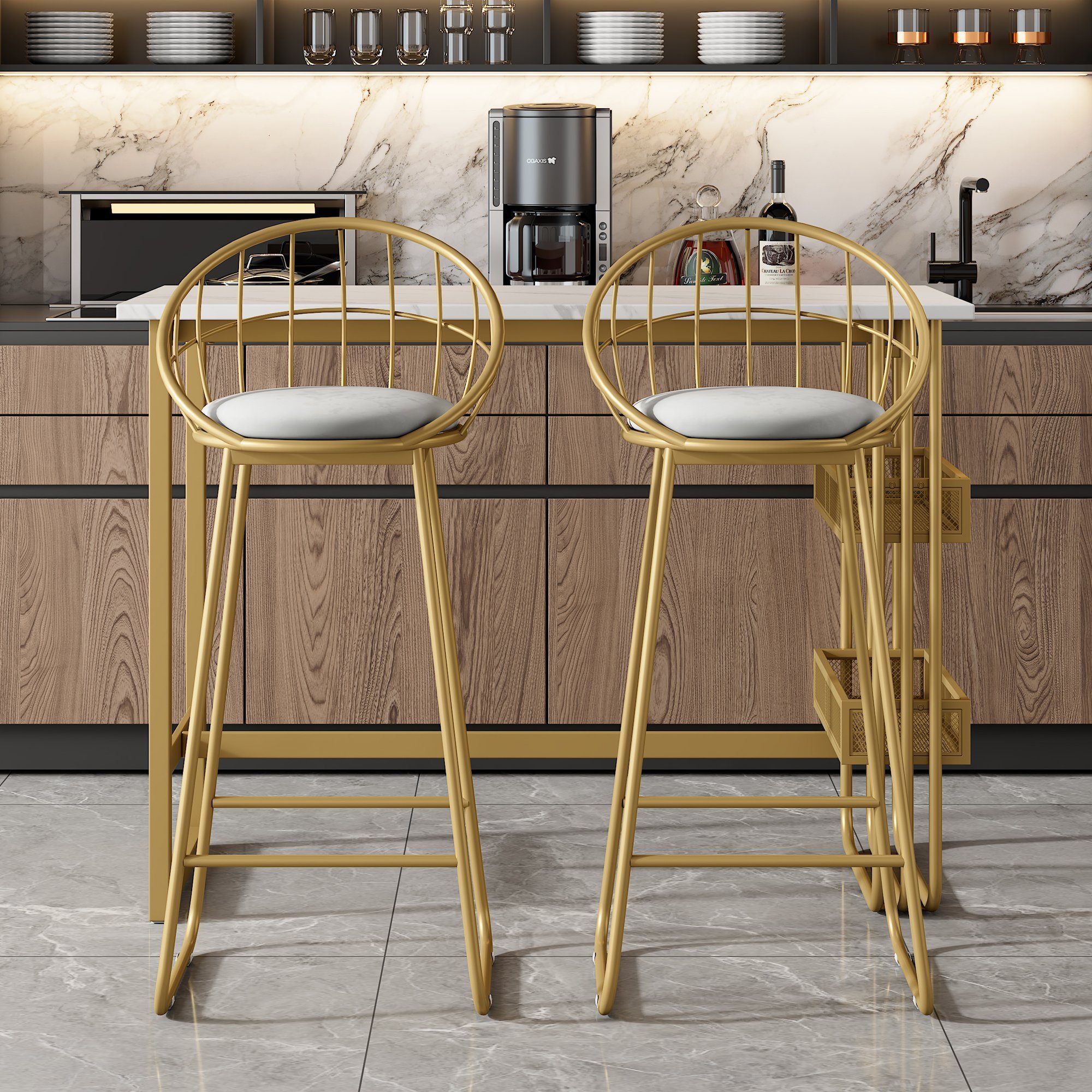 REDOM Bargruppe Stehtisch mit Lagerregal Barstühle Samt ​, (3-tlg), Bartisch mit 2er BarHocker Set
