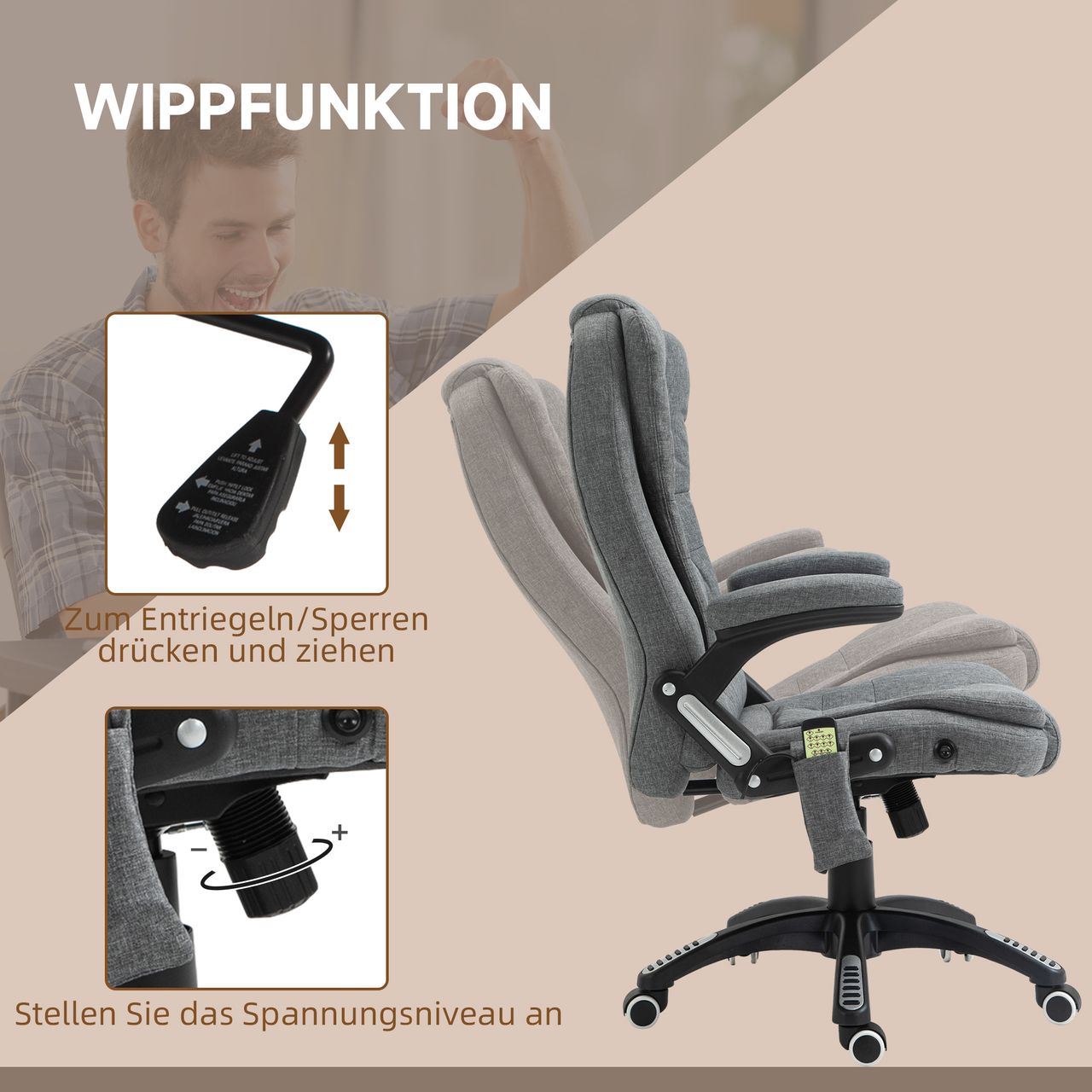 Vinsetto Massagesessel Chefsessel mit Massagefunktion höhenverstellbarer Drehstuhl ergonomischer Gamingstuhl Bürostuhl massage Dunkelgrau 68 x 72 x 110–120 cm