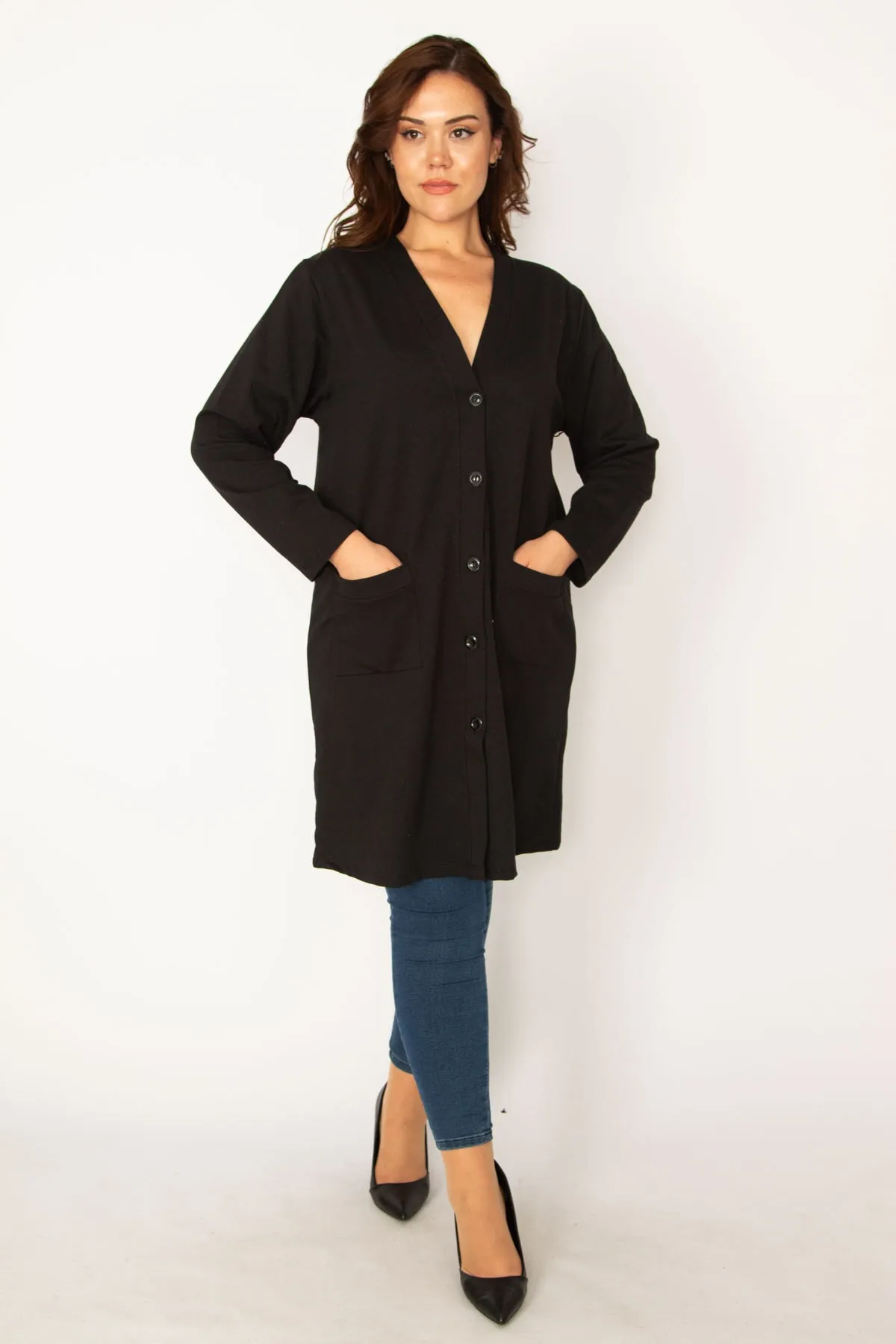 Şans  Damen-Jacke, groß, schwarz, vorne geknöpft, ungefütterte Tasche, 65n34077