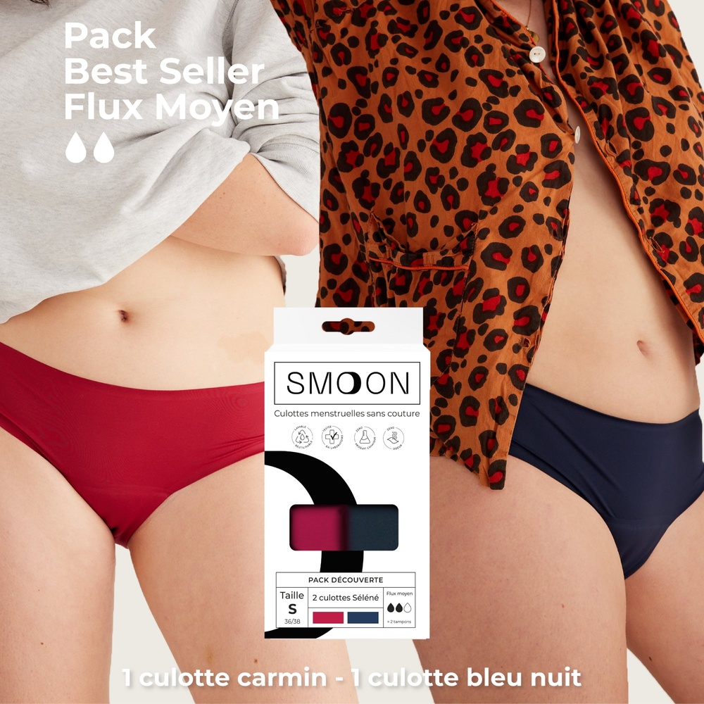 smoon lingerie Pack de 2 culottes menstruelles flux moyen 1 culotte carmin et 1 culotte bleue nuit
