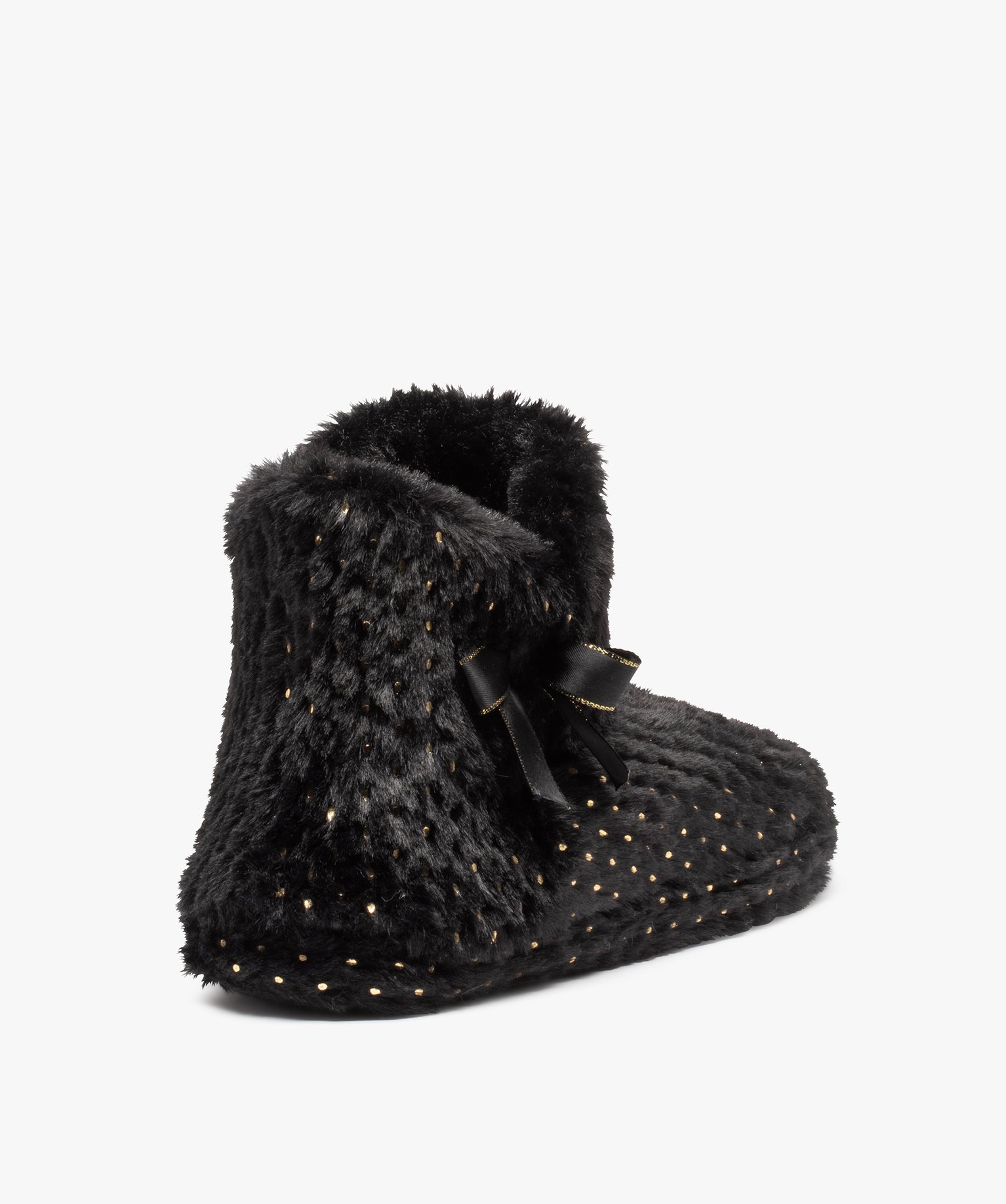 Chaussons femme boots en textile peluche à pois noir | GEMO