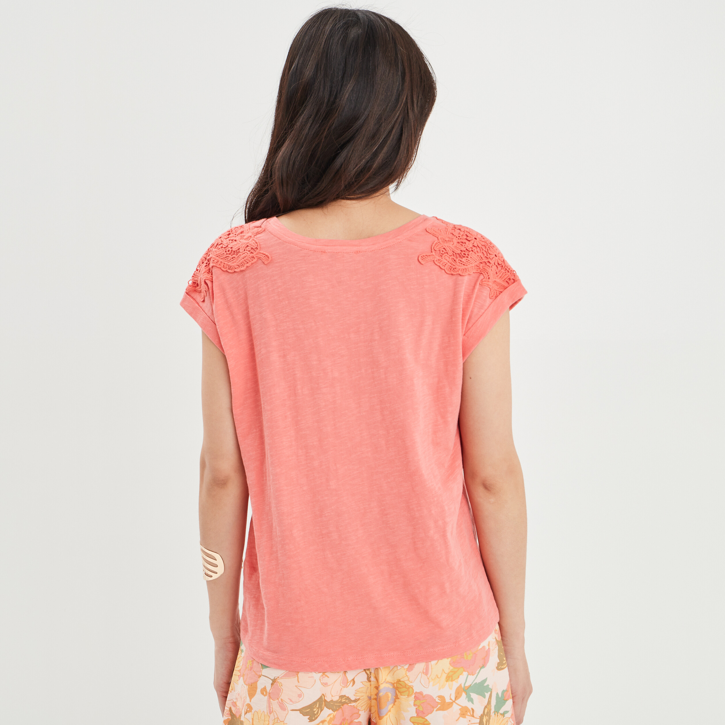 T-shirt manches courtes effet macramé rose corail femme | La Halle