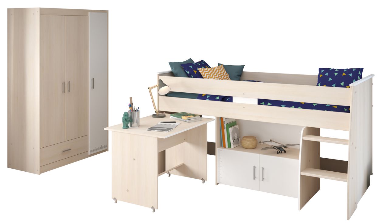 Parisot mit 3-trg. Kleiderschrank und Hochbett, Charly 6 - mit ausziehbarem Schreibtisch
